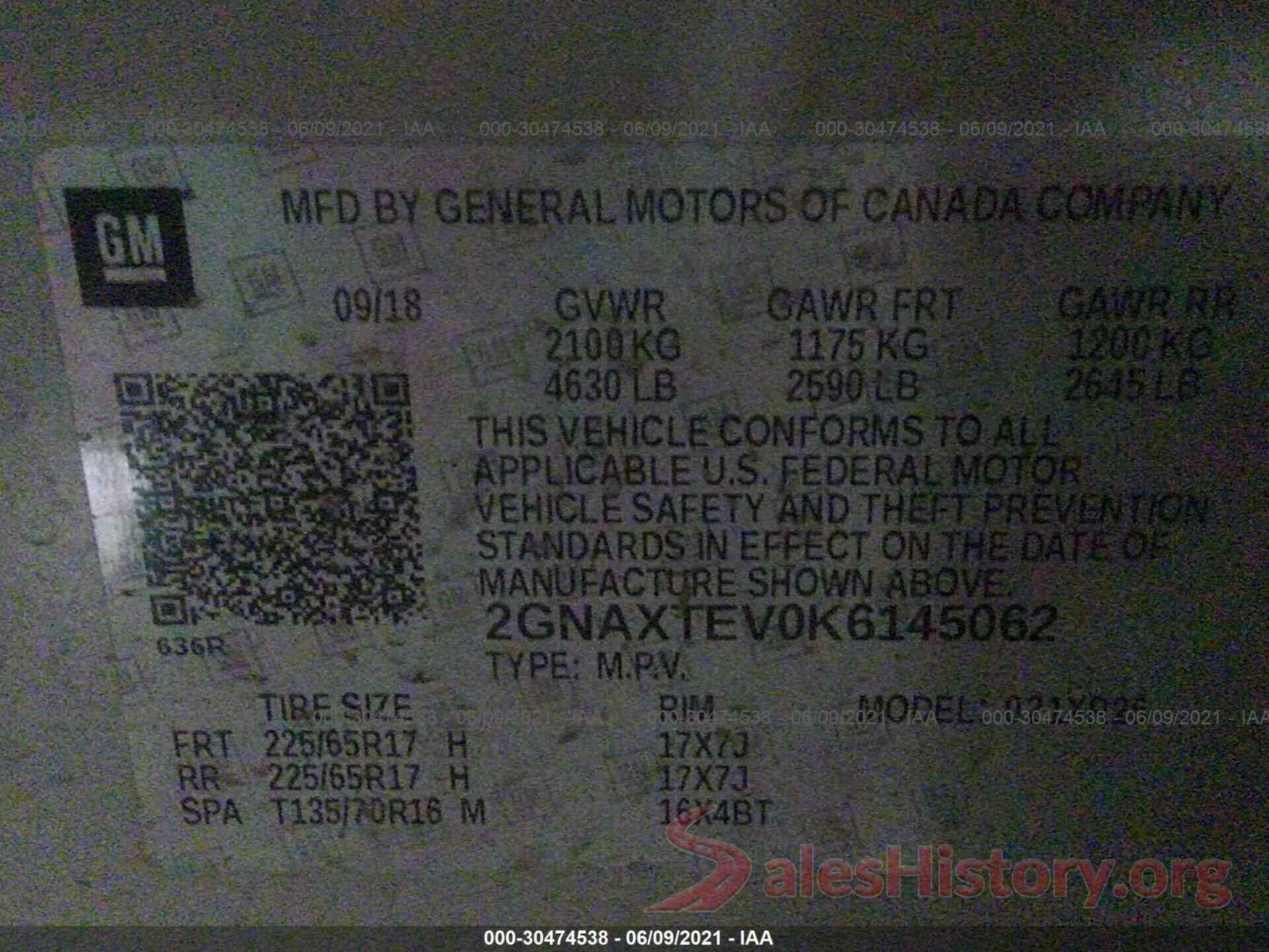 2GNAXTEV0K6145062 2019 CHEVROLET EQUINOX