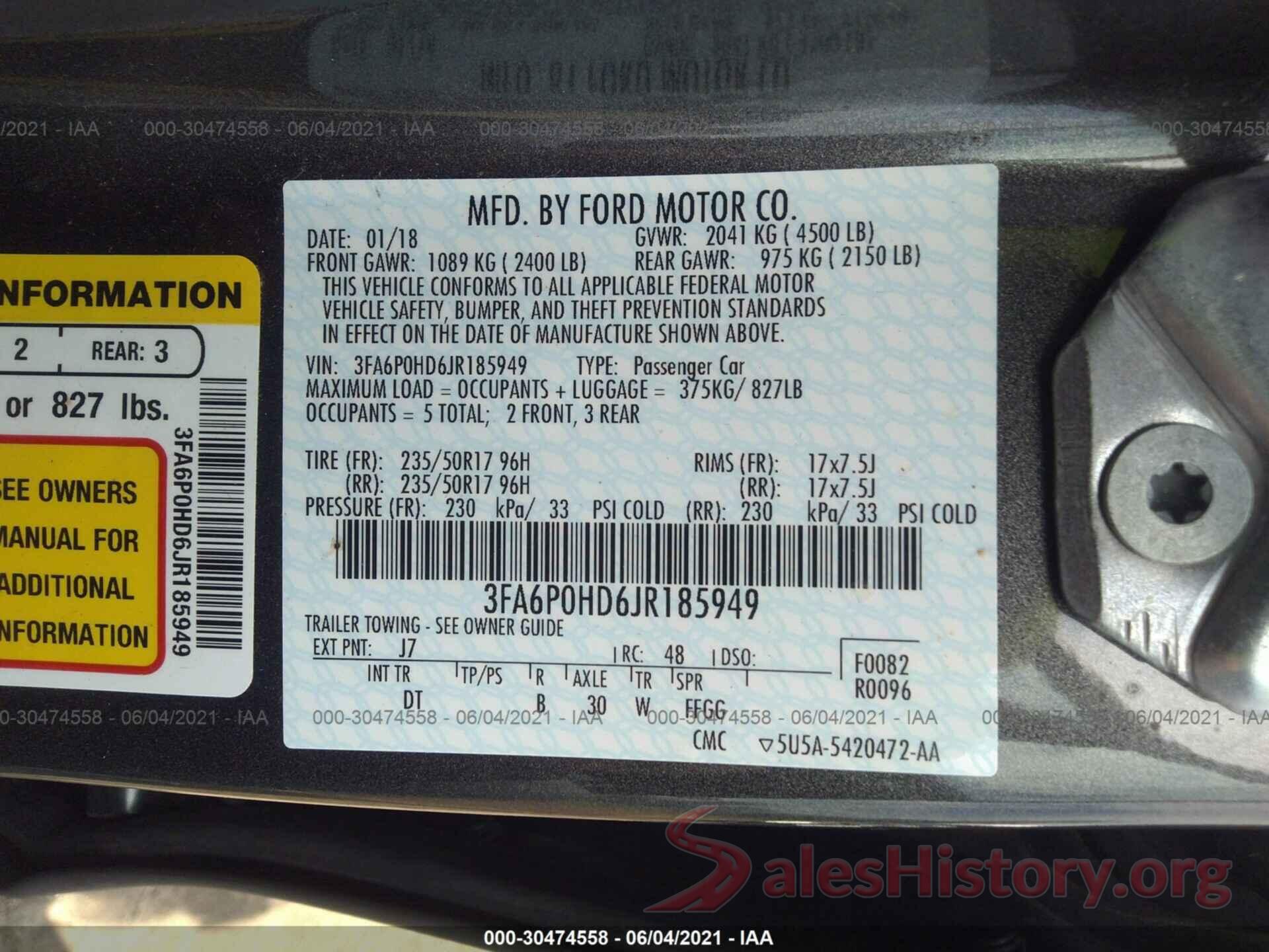 3FA6P0HD6JR185949 2018 FORD FUSION