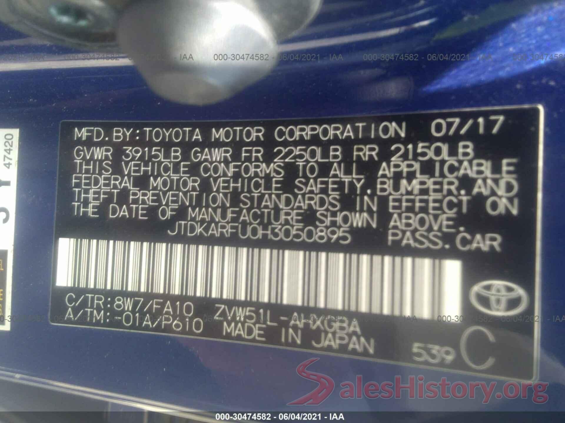 JTDKARFU0H3050895 2017 TOYOTA PRIUS