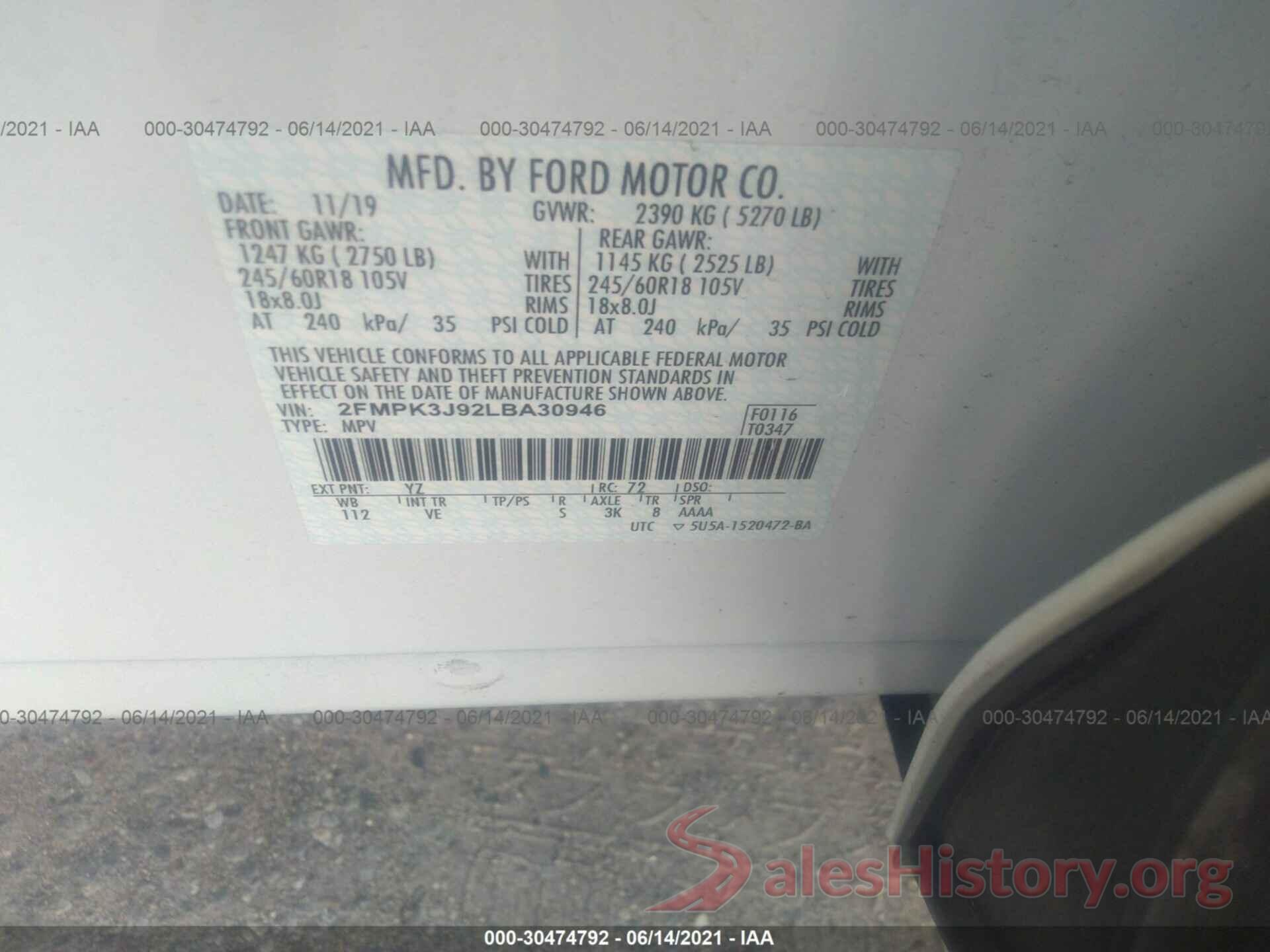 2FMPK3J92LBA30946 2020 FORD EDGE