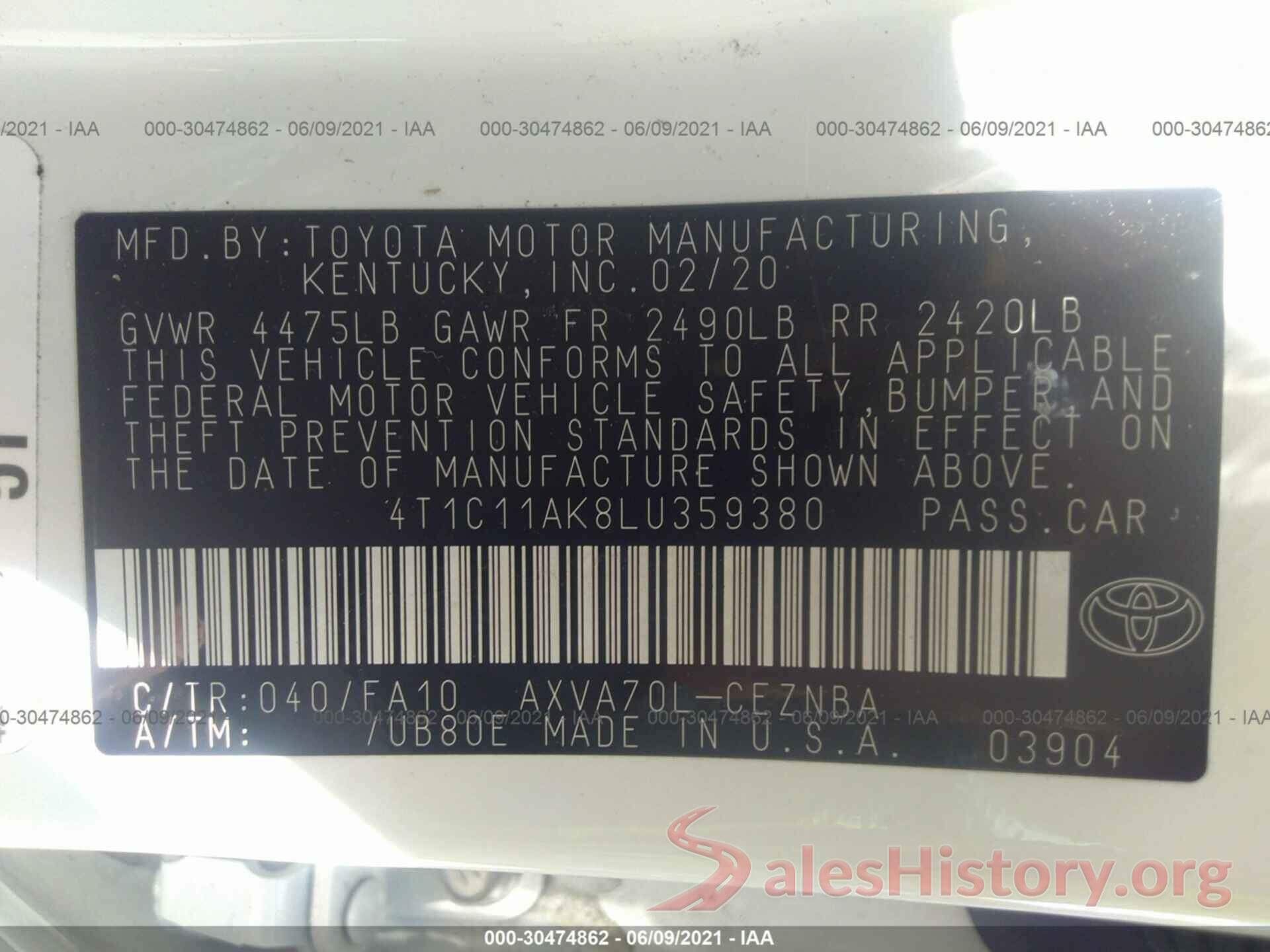 4T1C11AK8LU359380 2020 TOYOTA CAMRY