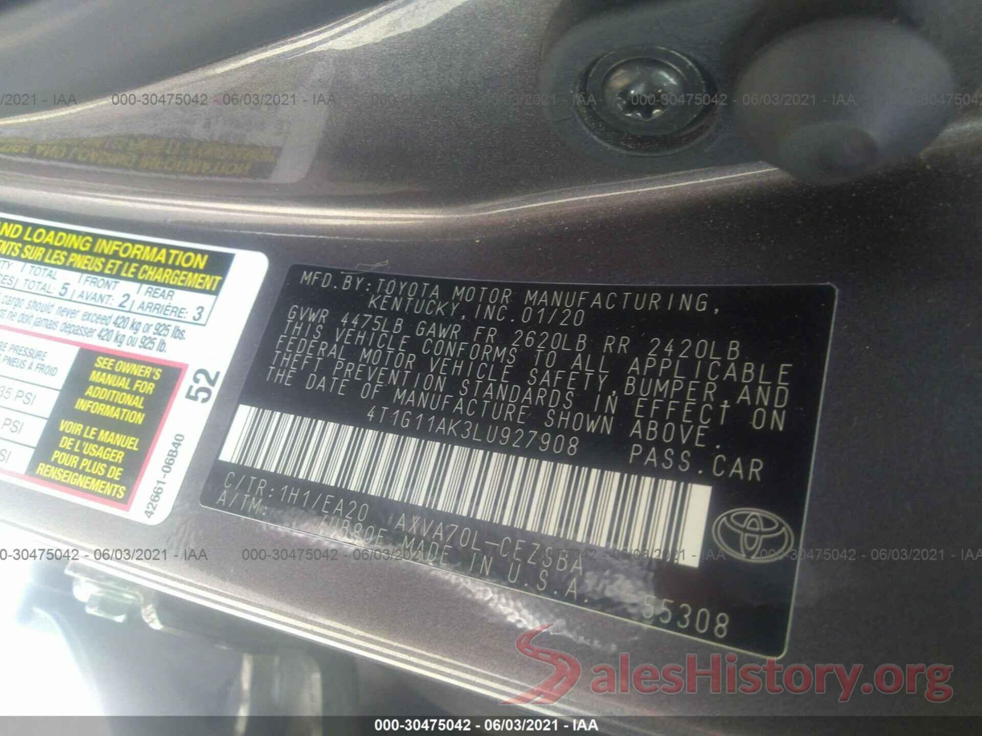 4T1G11AK3LU927908 2020 TOYOTA CAMRY