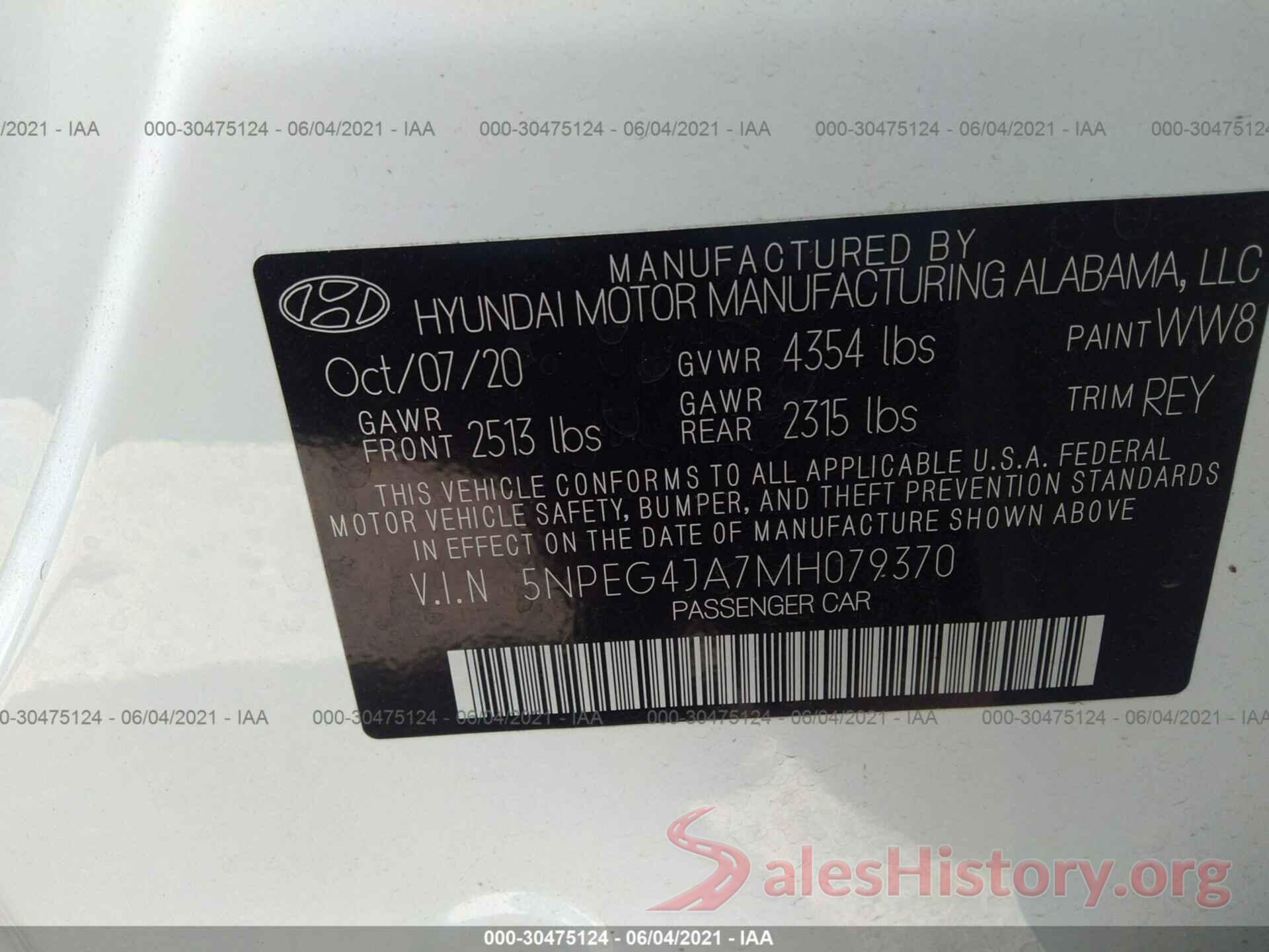 5NPEG4JA7MH079370 2021 HYUNDAI SONATA