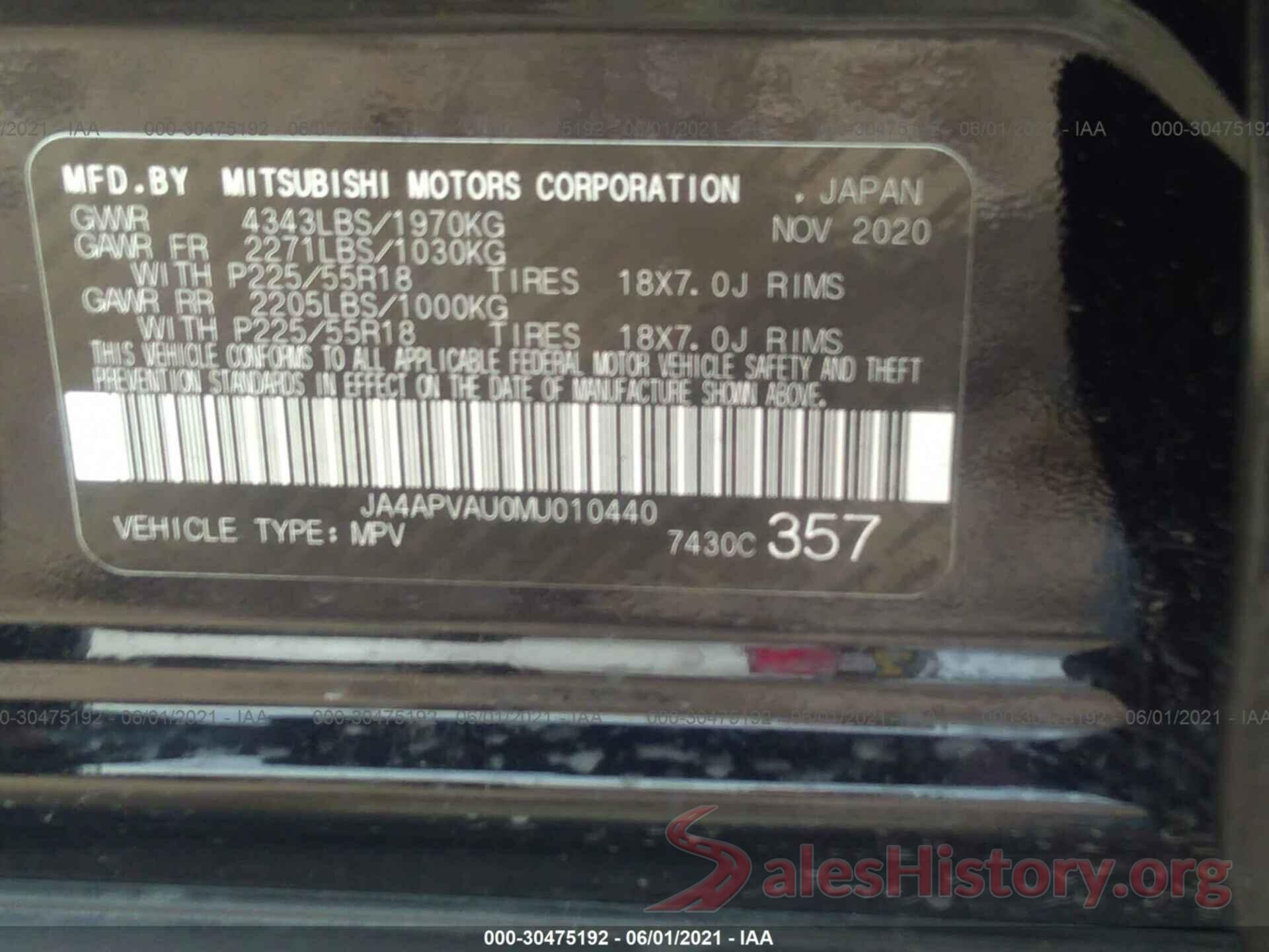 JA4APVAU0MU010440 2021 MITSUBISHI OUTLANDER SPORT