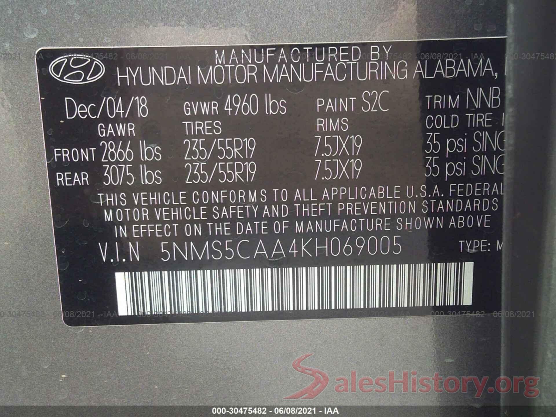 5NMS5CAA4KH069005 2019 HYUNDAI SANTA FE