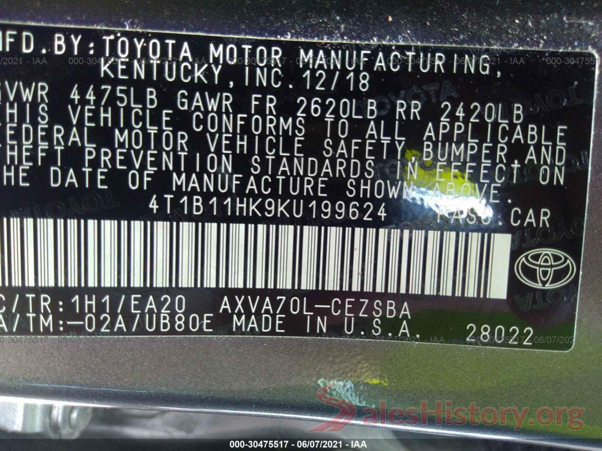 4T1B11HK9KU199624 2019 TOYOTA CAMRY