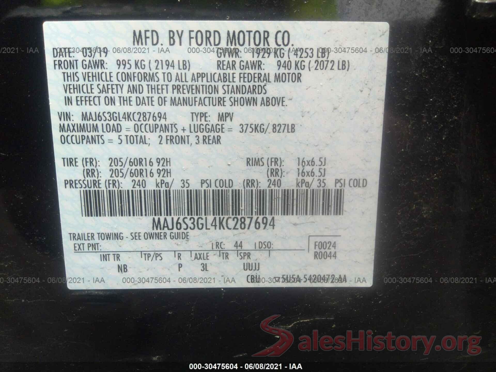 MAJ6S3GL4KC287694 2019 FORD ECOSPORT