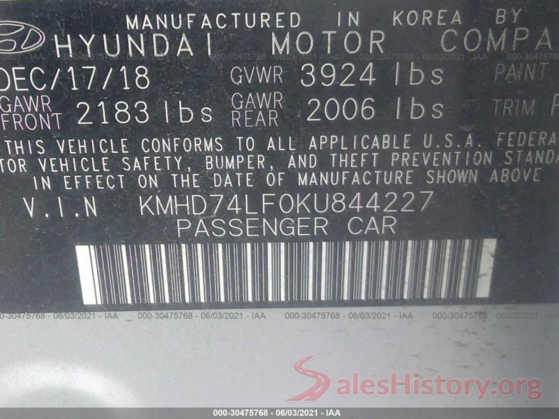 KMHD74LF0KU844227 2019 HYUNDAI ELANTRA