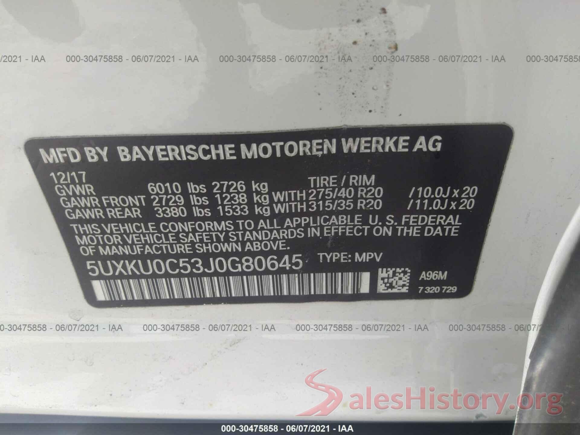 5UXKU0C53J0G80645 2018 BMW X6