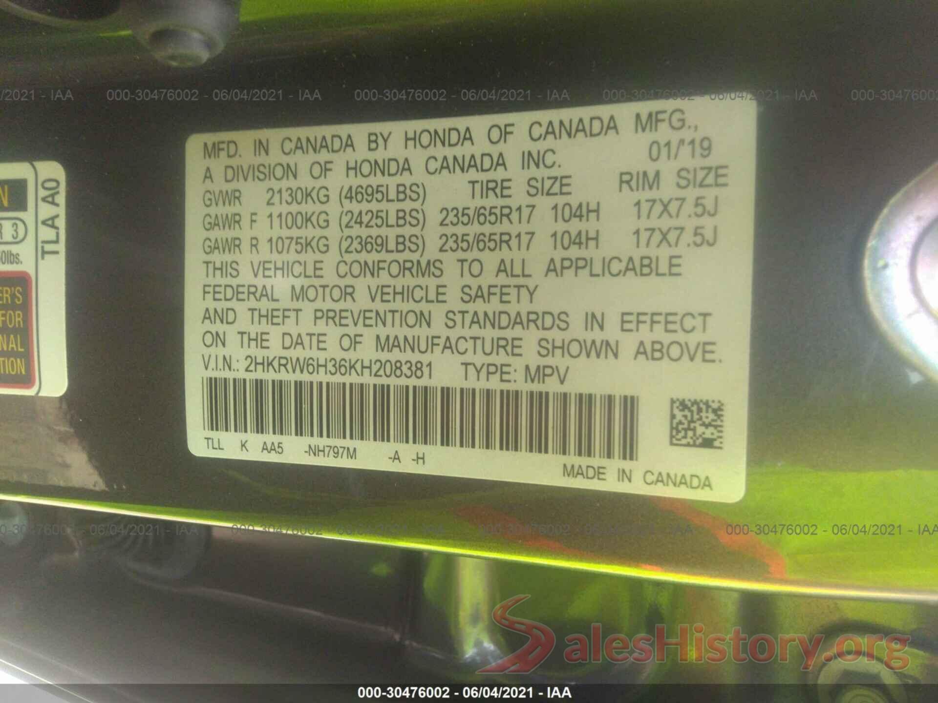 2HKRW6H36KH208381 2019 HONDA CR-V