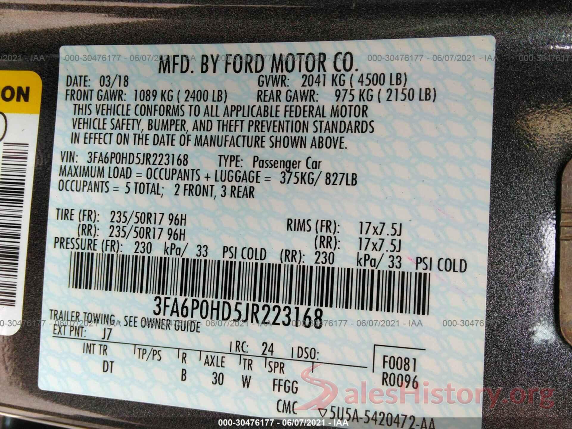 3FA6P0HD5JR223168 2018 FORD FUSION