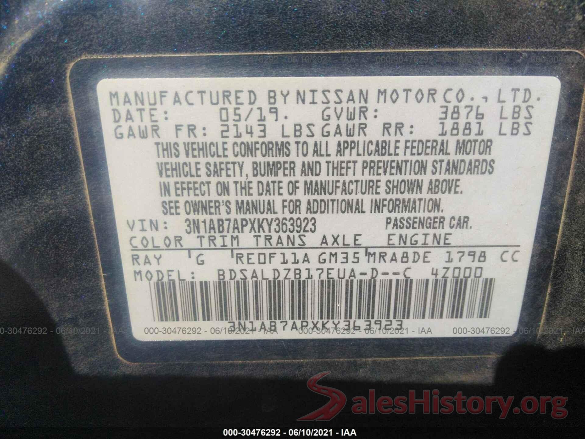 3N1AB7APXKY363923 2019 NISSAN SENTRA