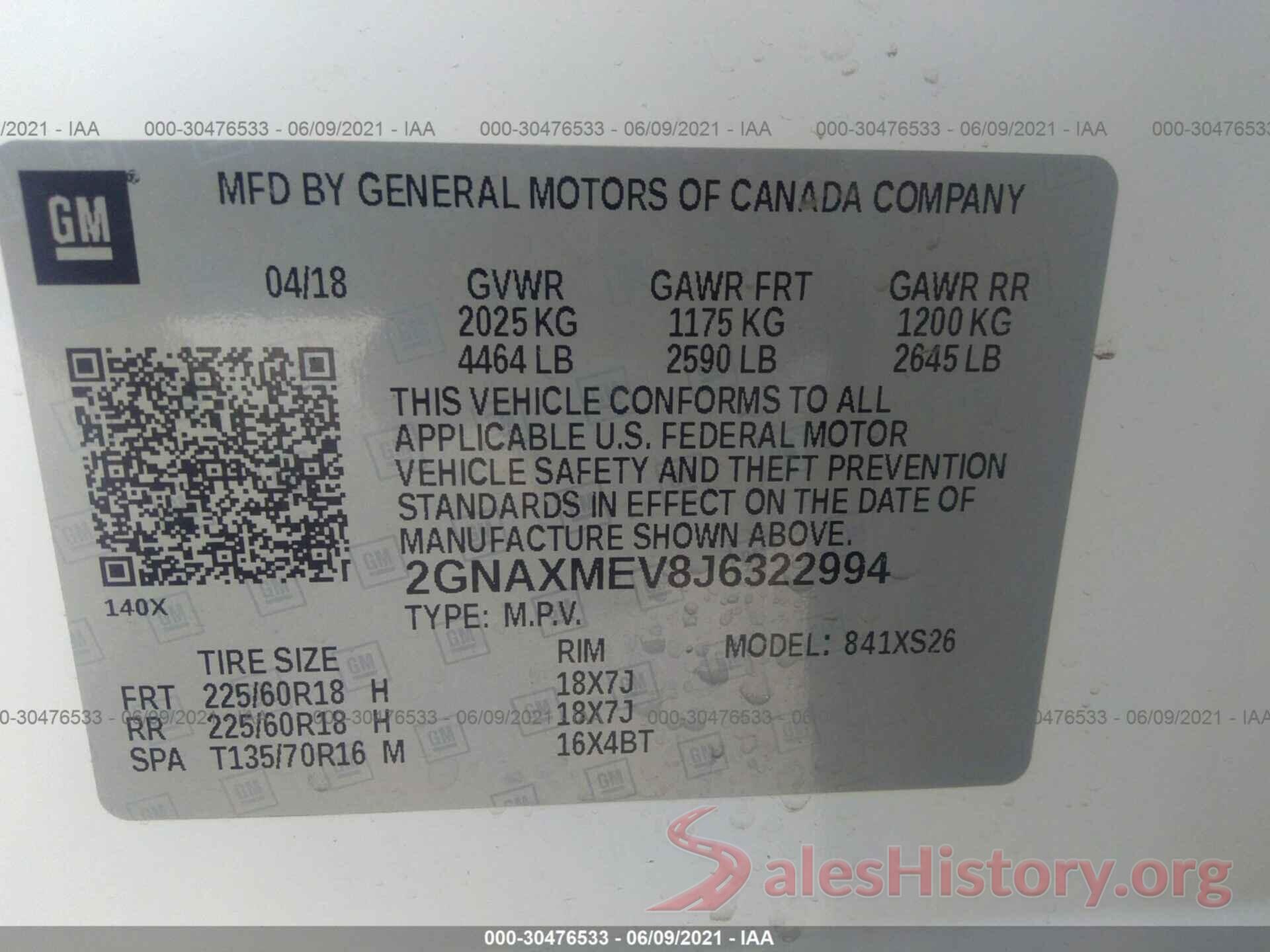 2GNAXMEV8J6322994 2018 CHEVROLET EQUINOX