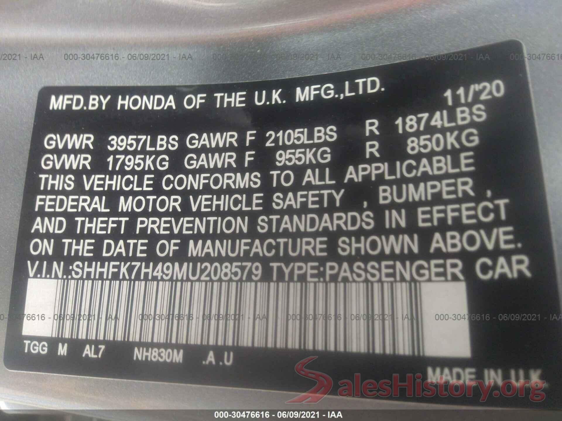 SHHFK7H49MU208579 2021 HONDA CIVIC HATCHBACK