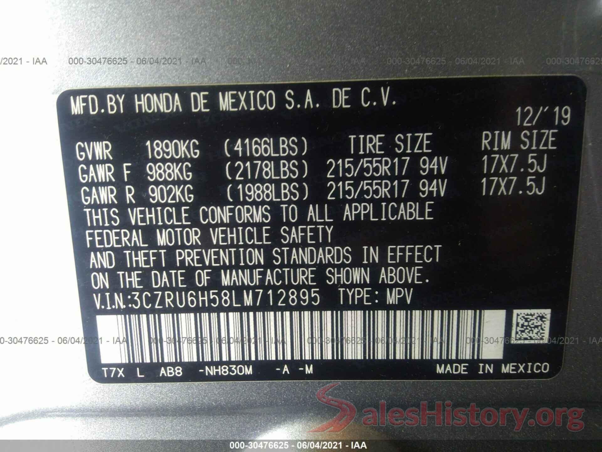 3CZRU6H58LM712895 2020 HONDA HR-V