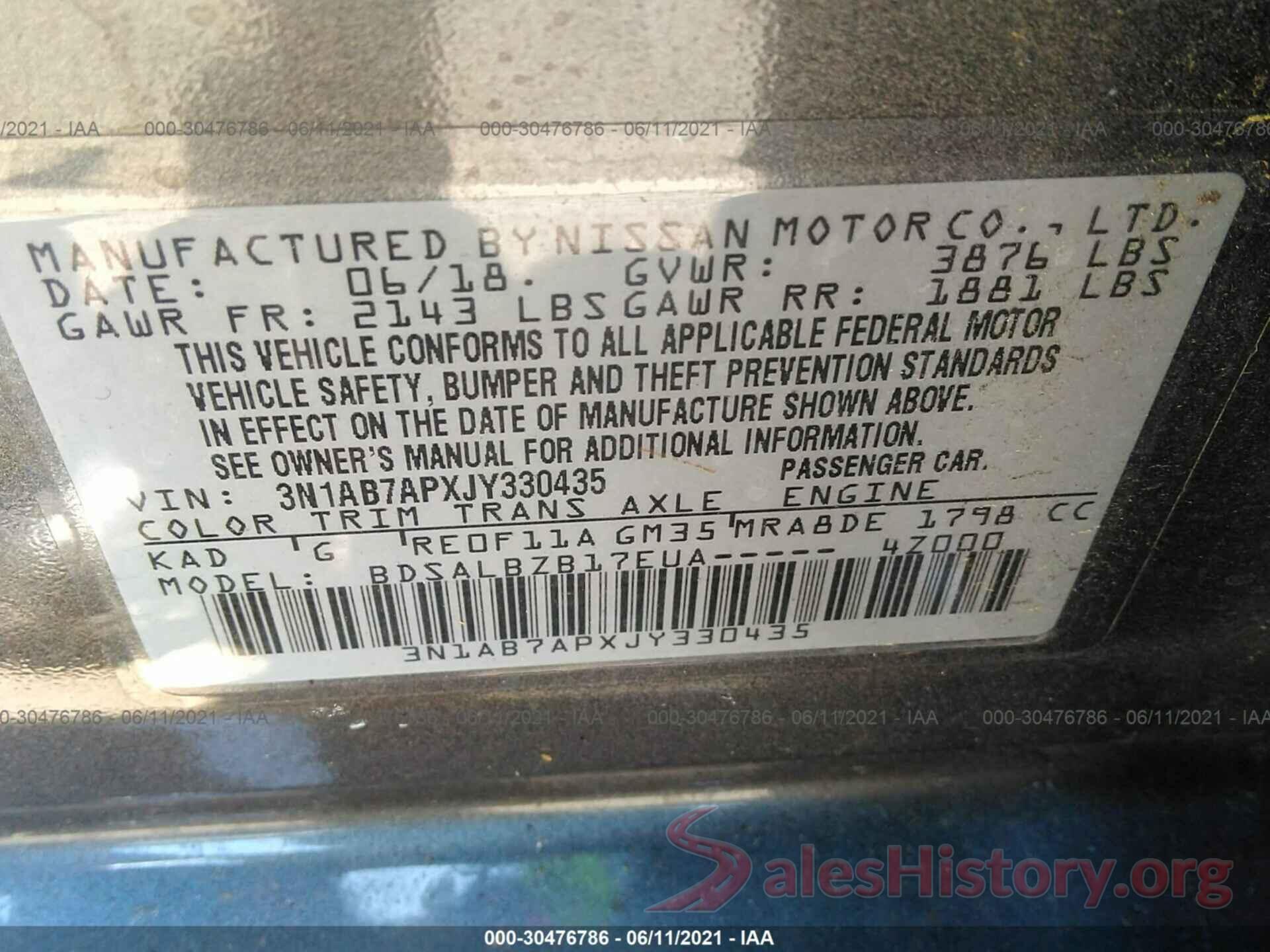 3N1AB7APXJY330435 2018 NISSAN SENTRA