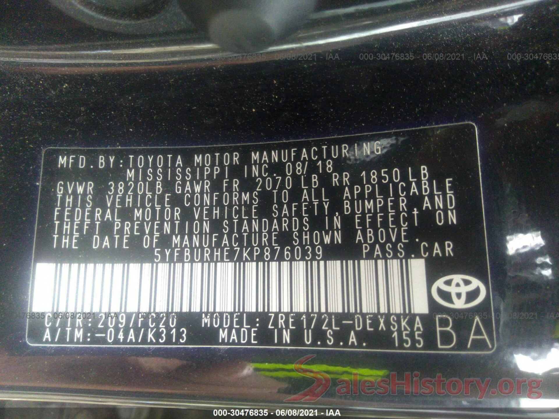 5YFBURHE7KP876039 2019 TOYOTA COROLLA