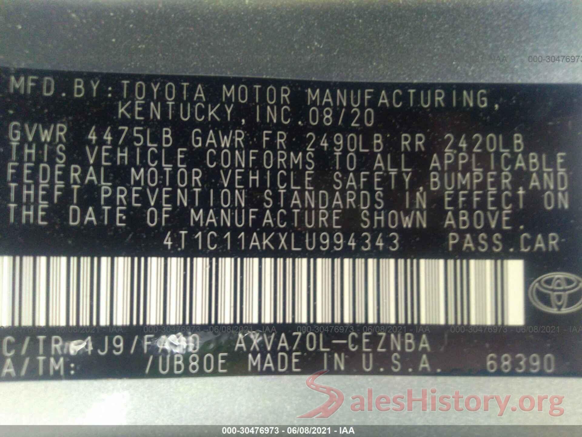 4T1C11AKXLU994343 2020 TOYOTA CAMRY