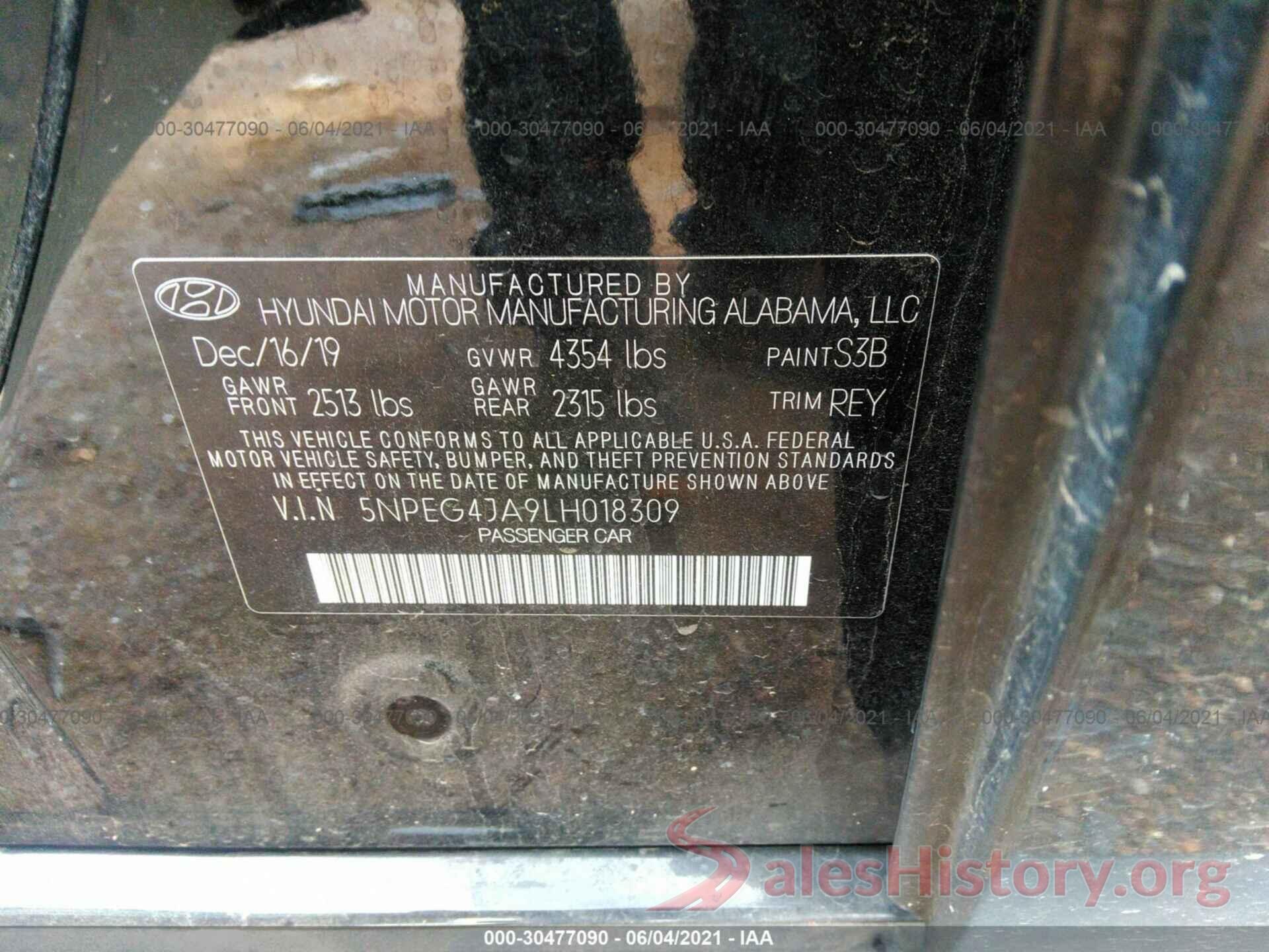 5NPEG4JA9LH018309 2020 HYUNDAI SONATA