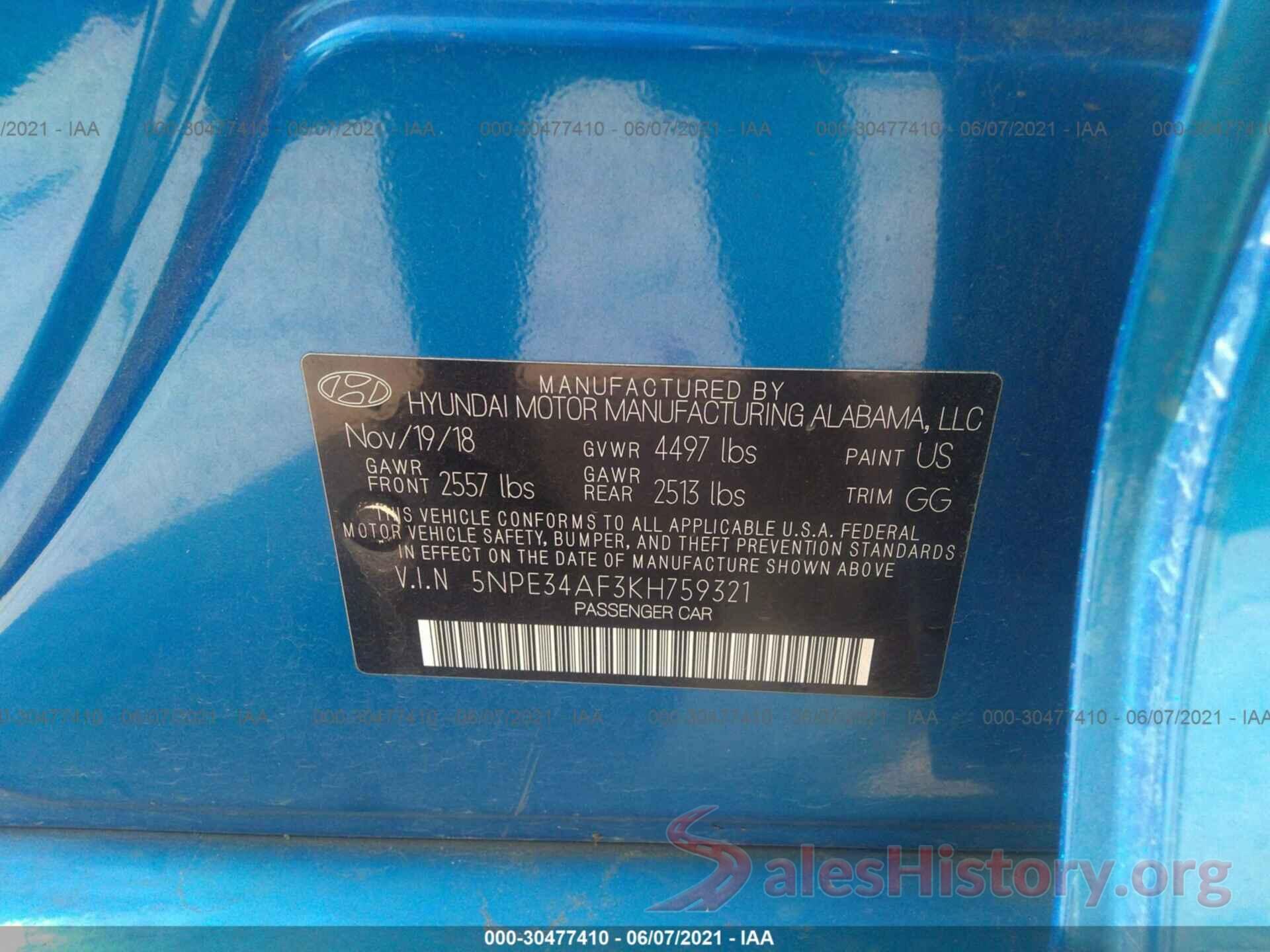 5NPE34AF3KH759321 2019 HYUNDAI SONATA