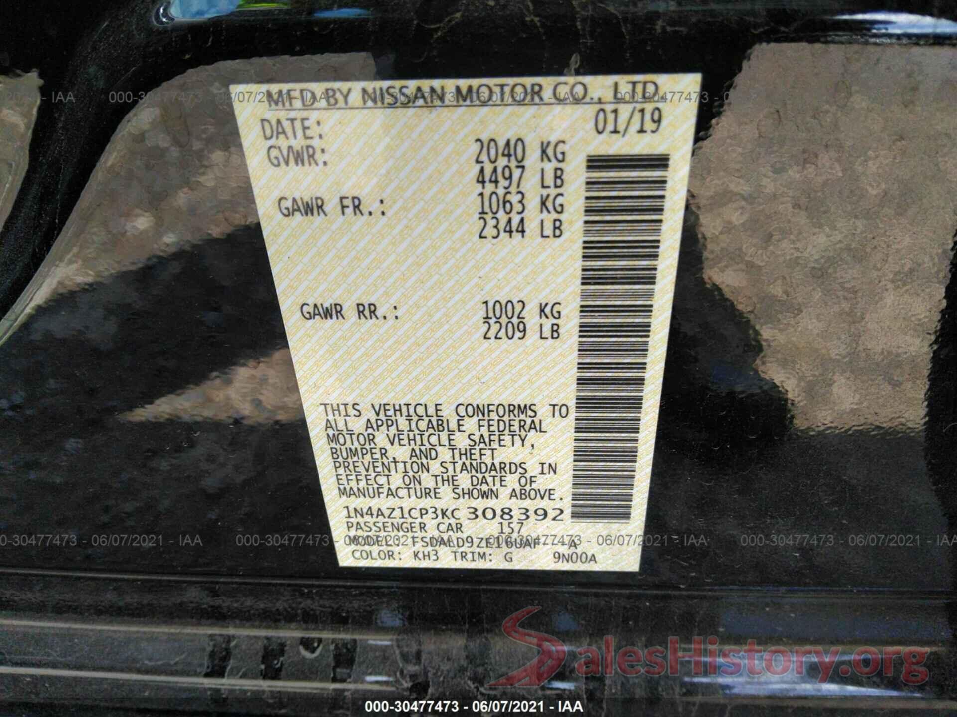 1N4AZ1CP3KC308392 2019 NISSAN LEAF