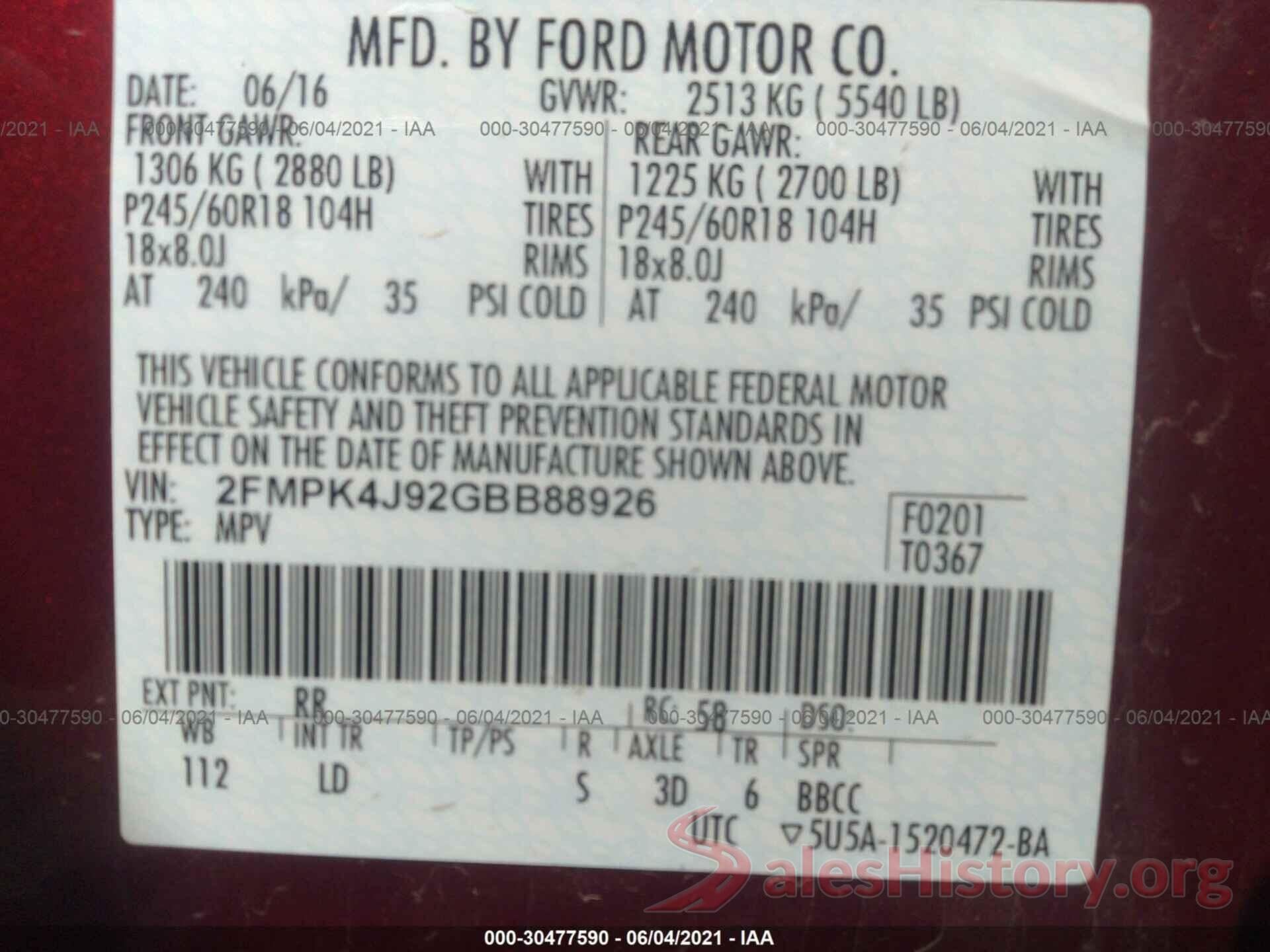 2FMPK4J92GBB88926 2016 FORD EDGE