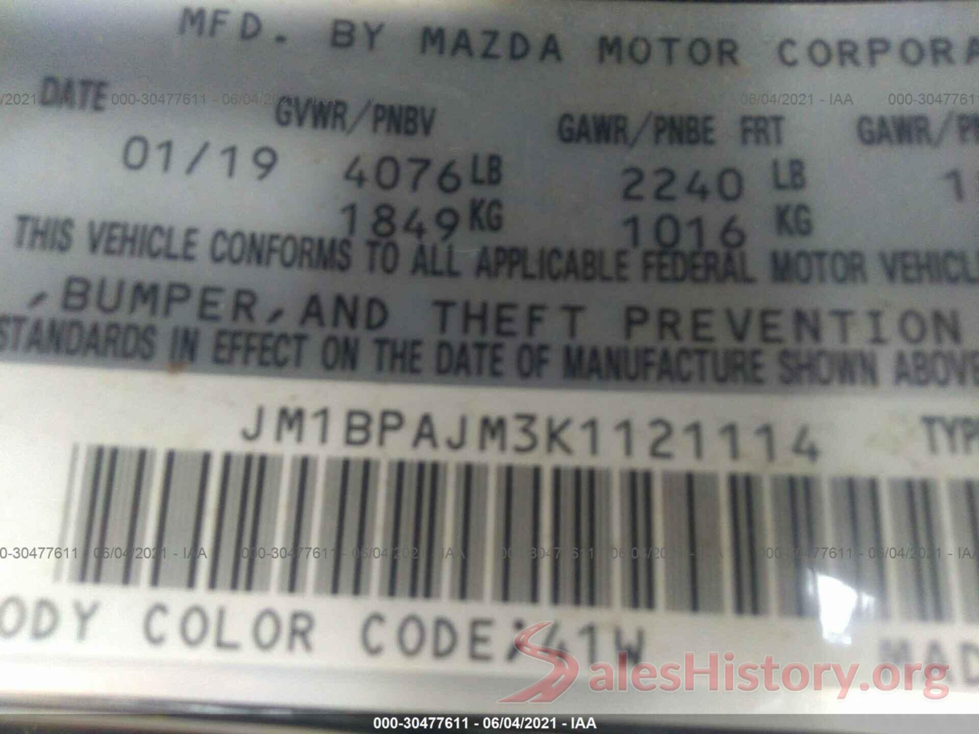 JM1BPAJM3K1121114 2019 MAZDA MAZDA3 HATCHBACK