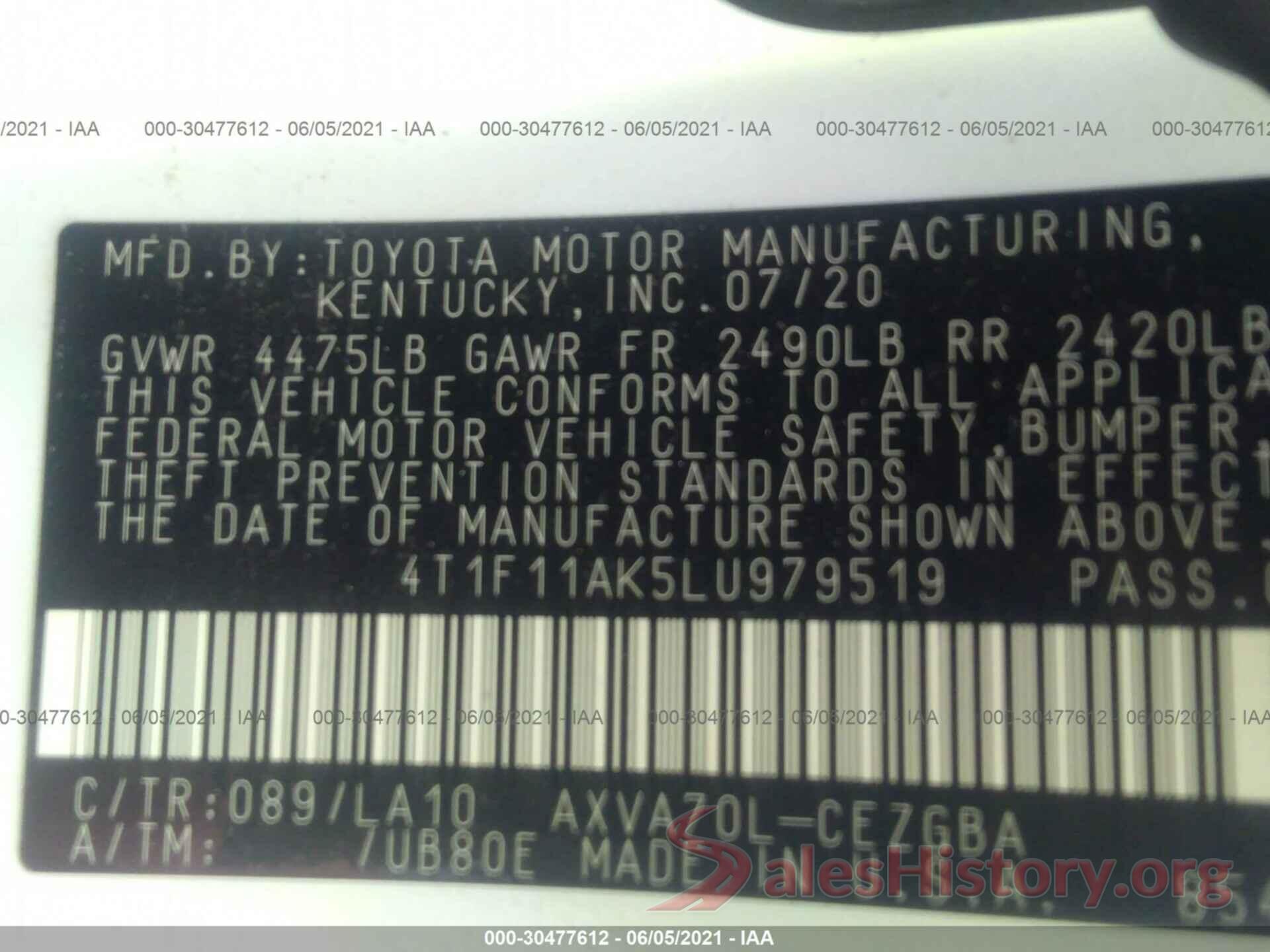 4T1F11AK5LU979519 2020 TOYOTA CAMRY