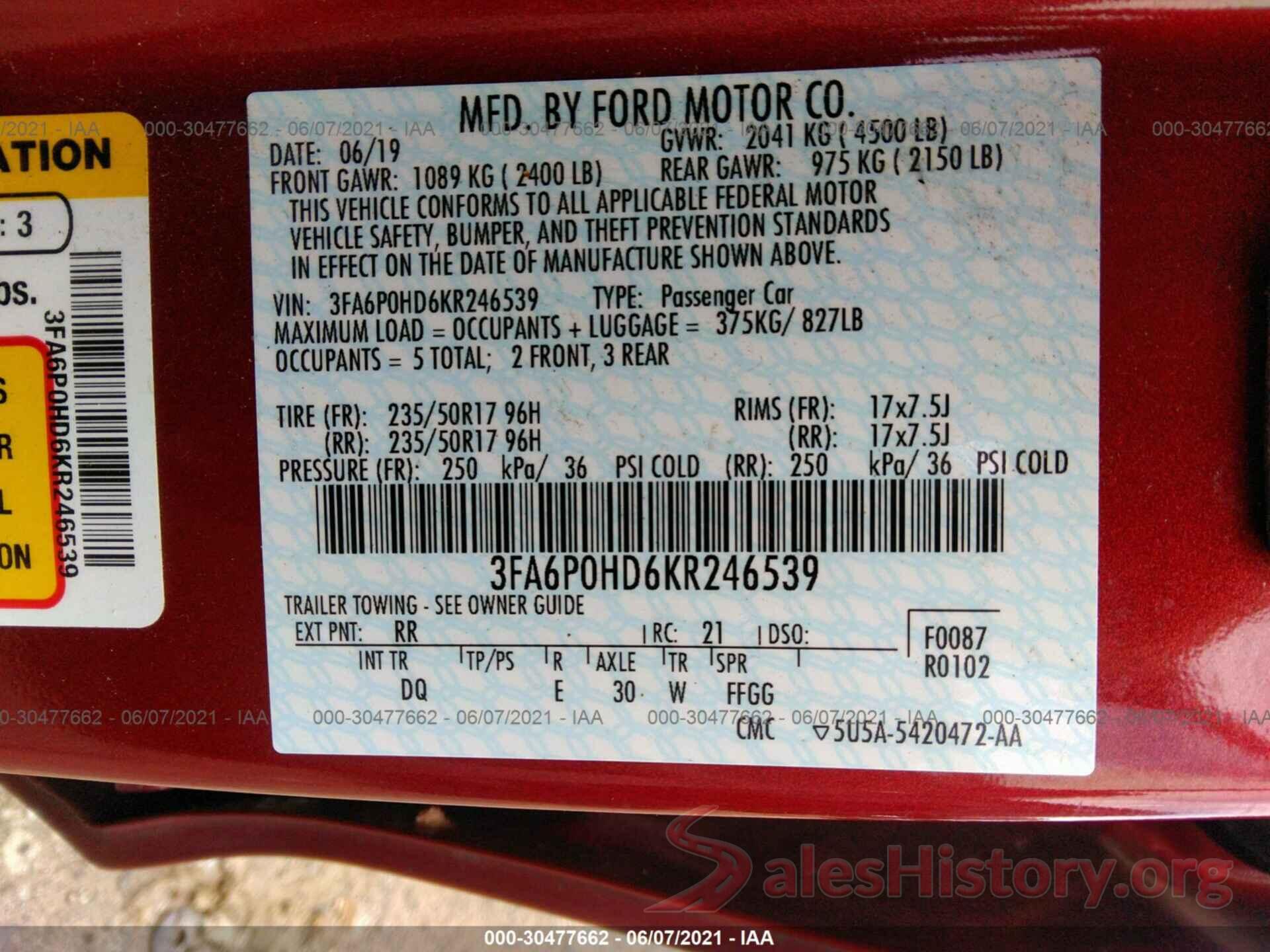 3FA6P0HD6KR246539 2019 FORD FUSION