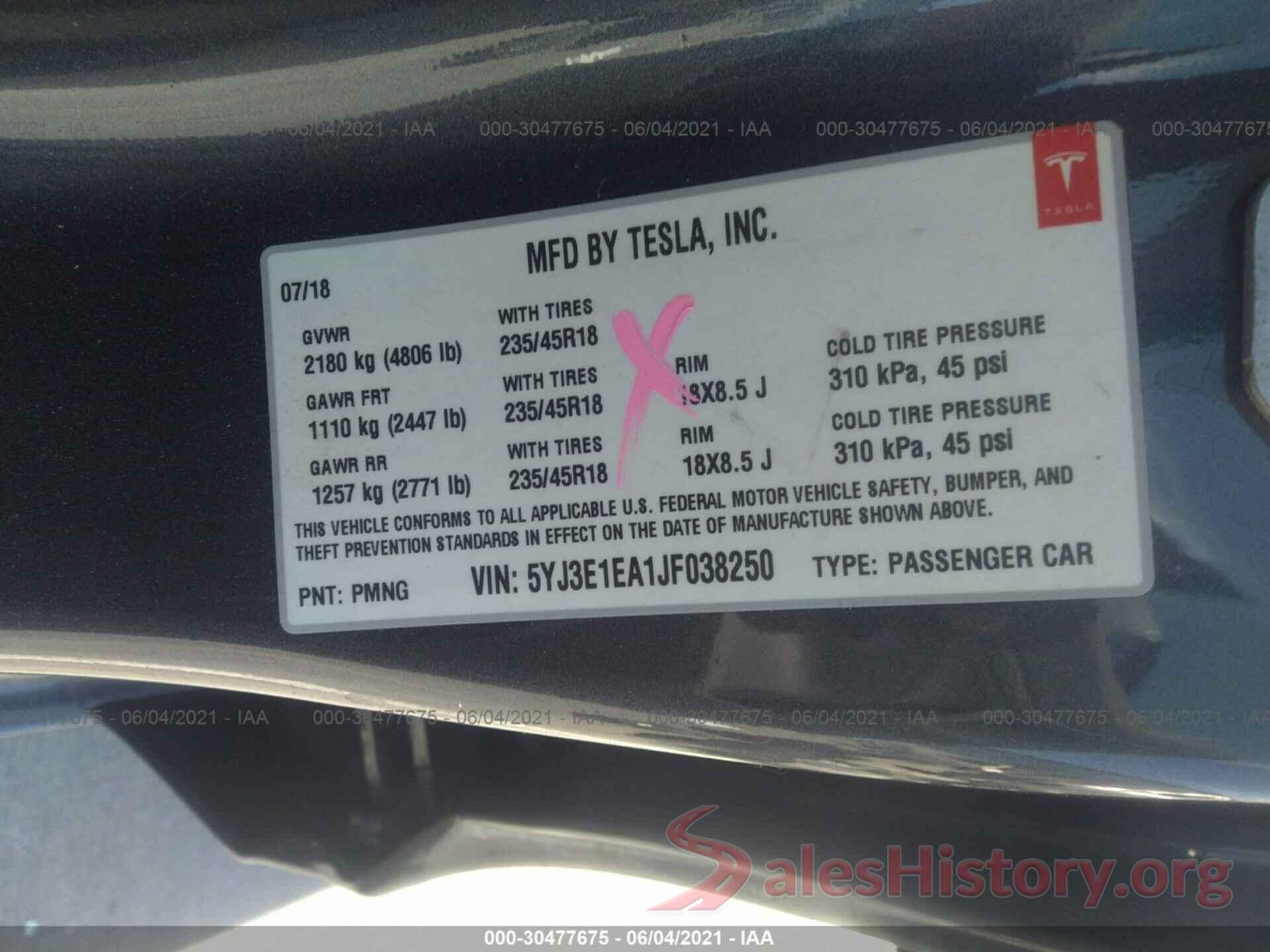 5YJ3E1EA1JF038250 2018 TESLA MODEL 3