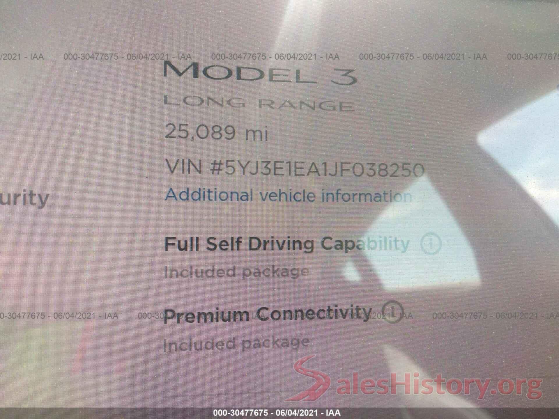 5YJ3E1EA1JF038250 2018 TESLA MODEL 3