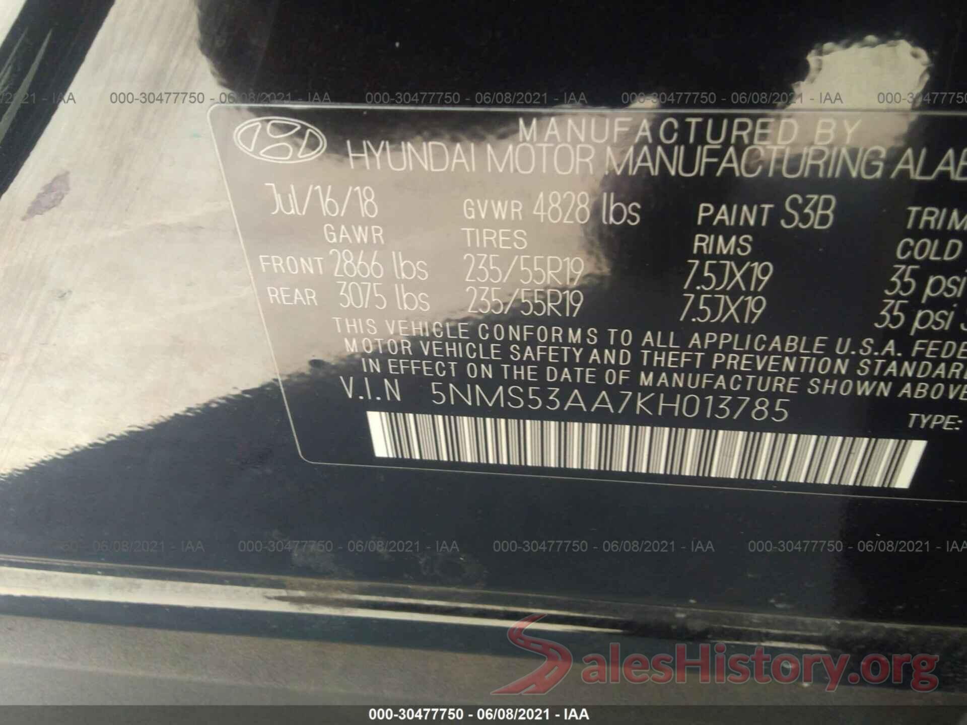 5NMS53AA7KH013785 2019 HYUNDAI SANTA FE