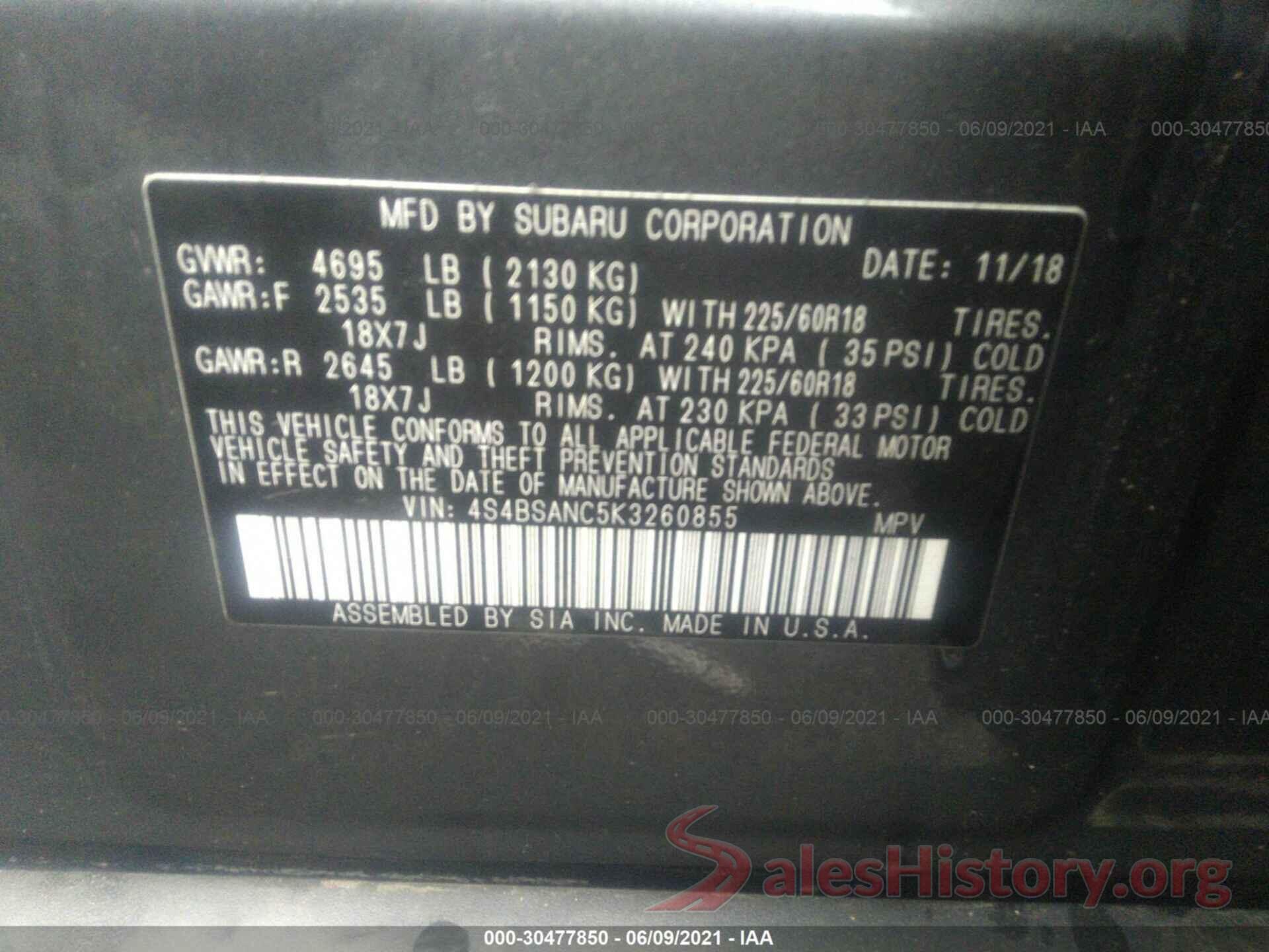 4S4BSANC5K3260855 2019 SUBARU OUTBACK