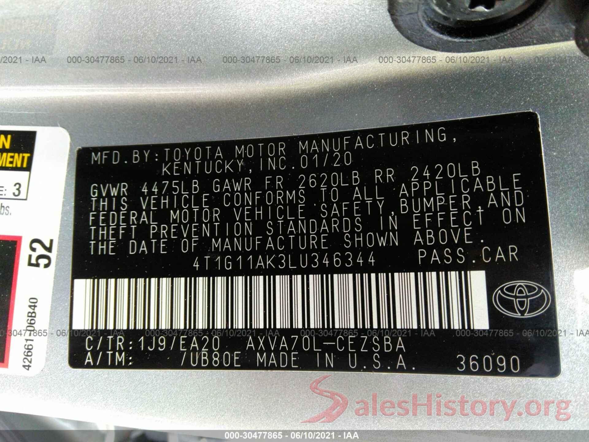 4T1G11AK3LU346344 2020 TOYOTA CAMRY