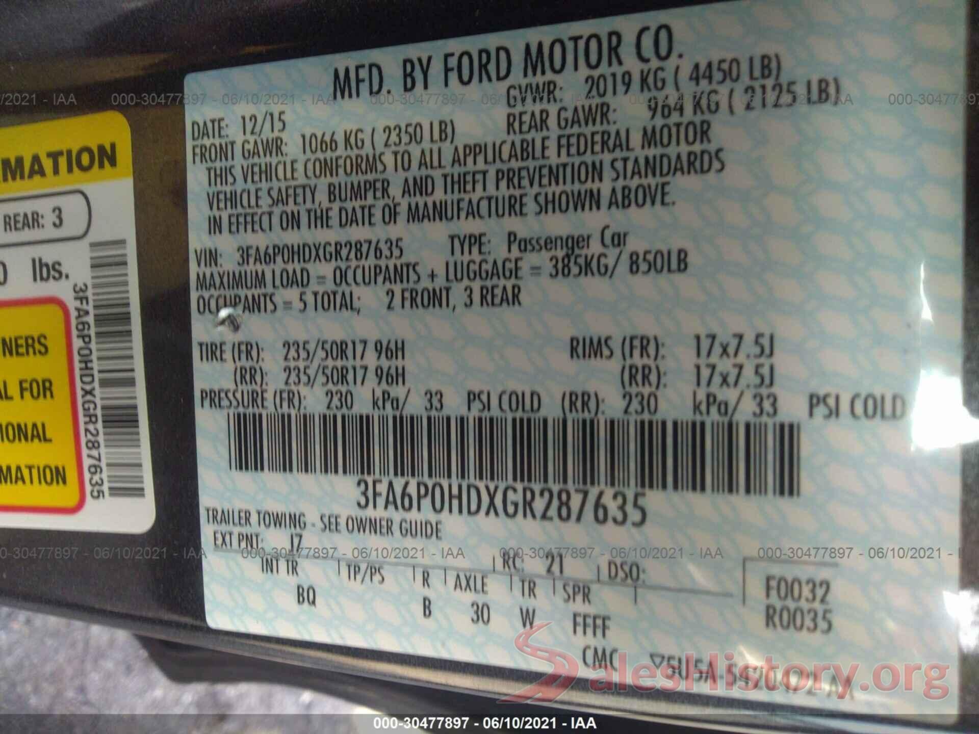 3FA6P0HDXGR287635 2016 FORD FUSION