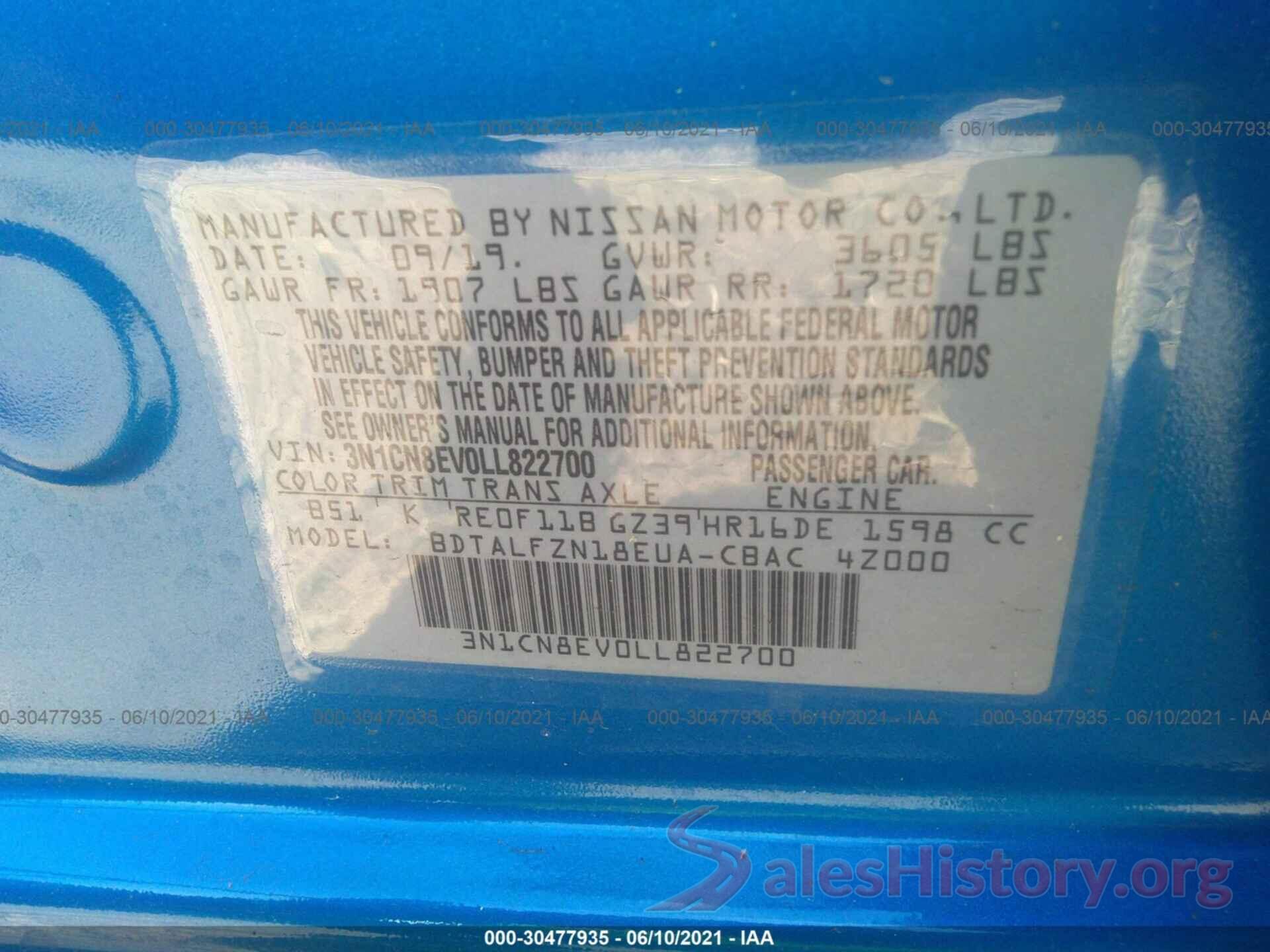 3N1CN8EV0LL822700 2020 NISSAN VERSA