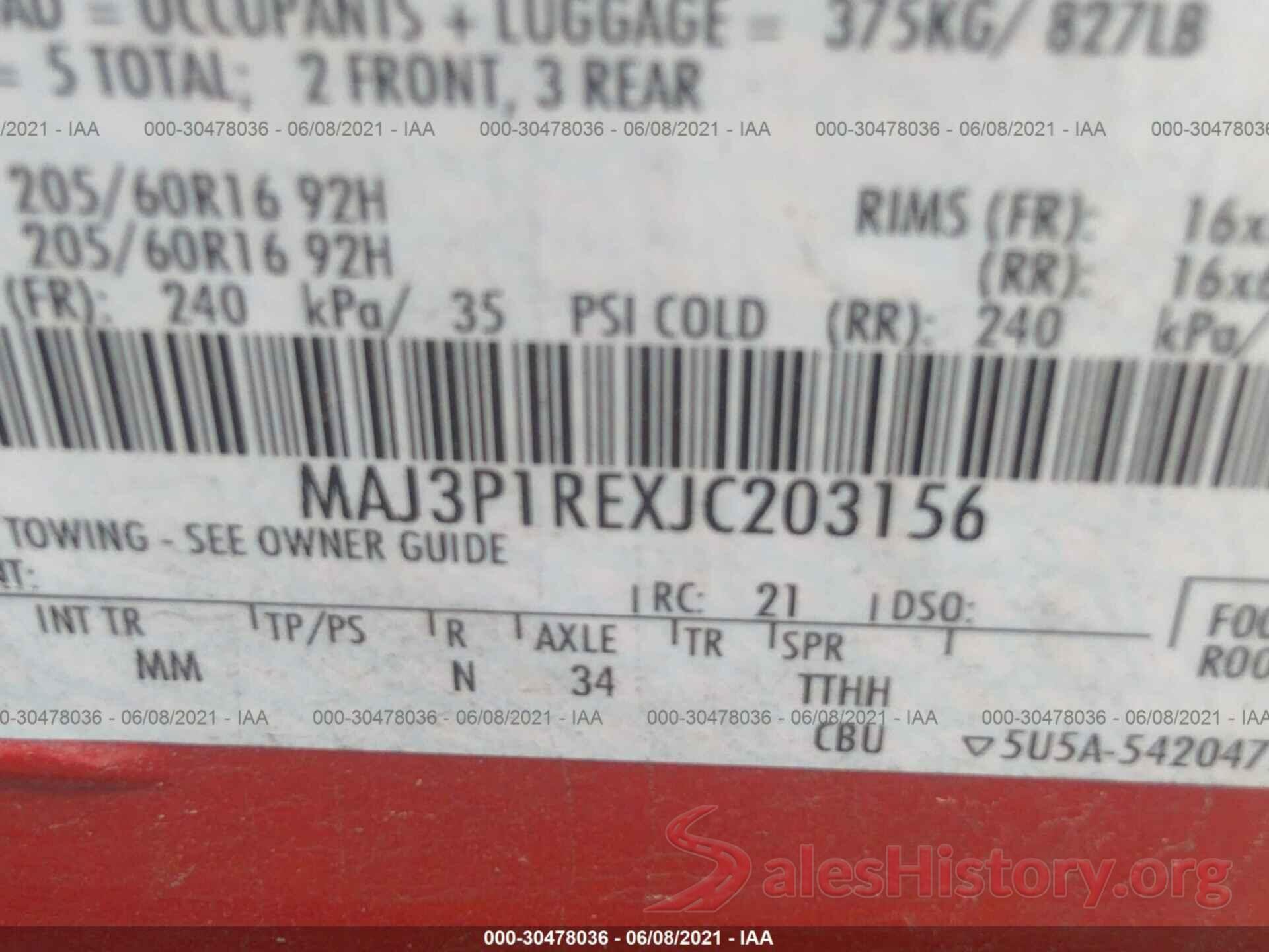 MAJ3P1REXJC203156 2018 FORD ECOSPORT