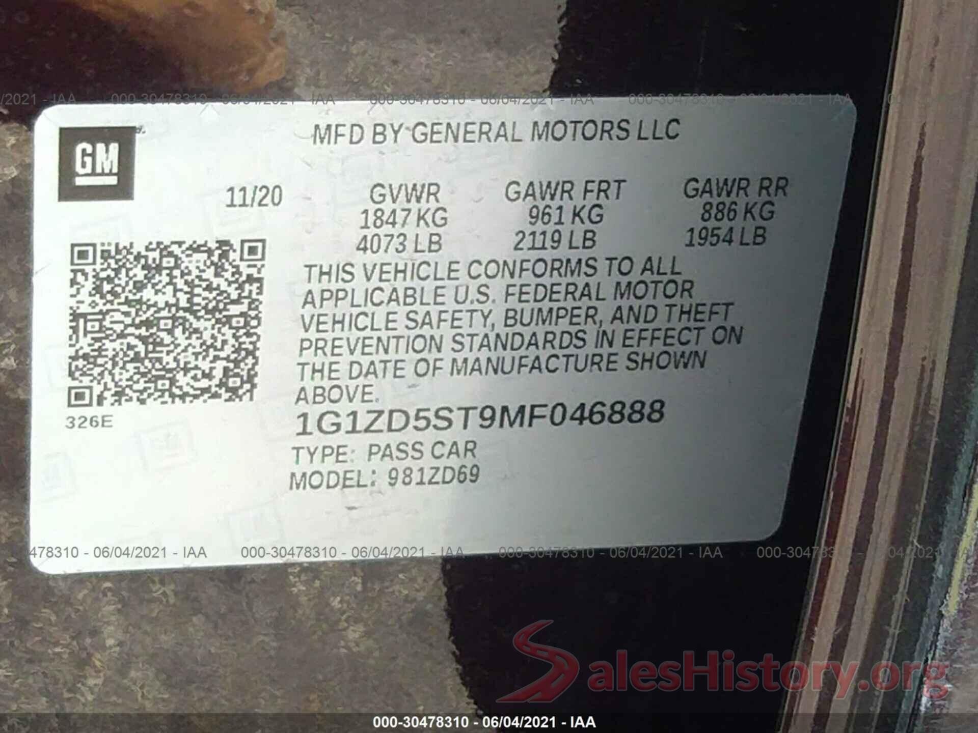 1G1ZD5ST9MF046888 2021 CHEVROLET MALIBU