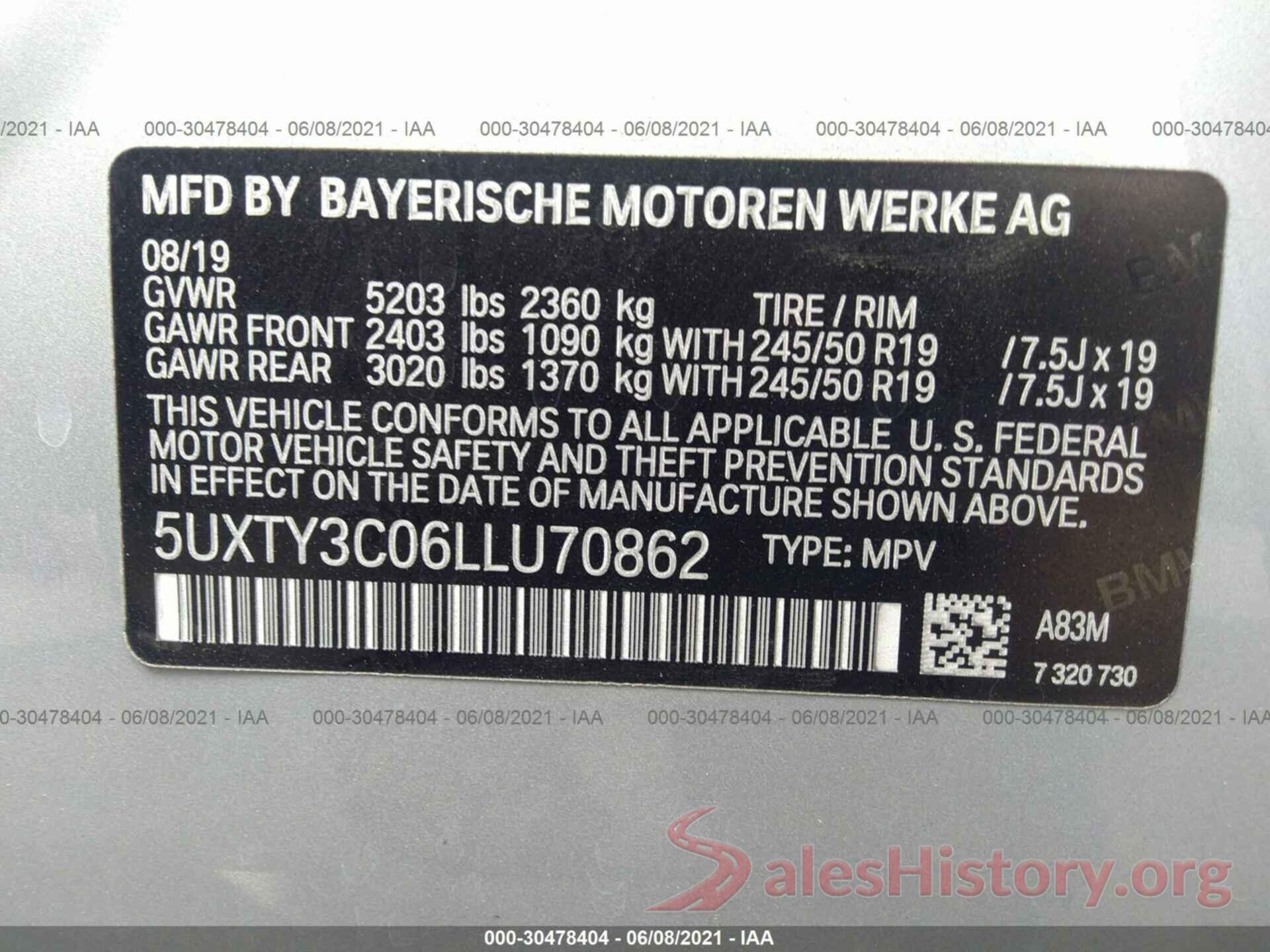 5UXTY3C06LLU70862 2020 BMW X3