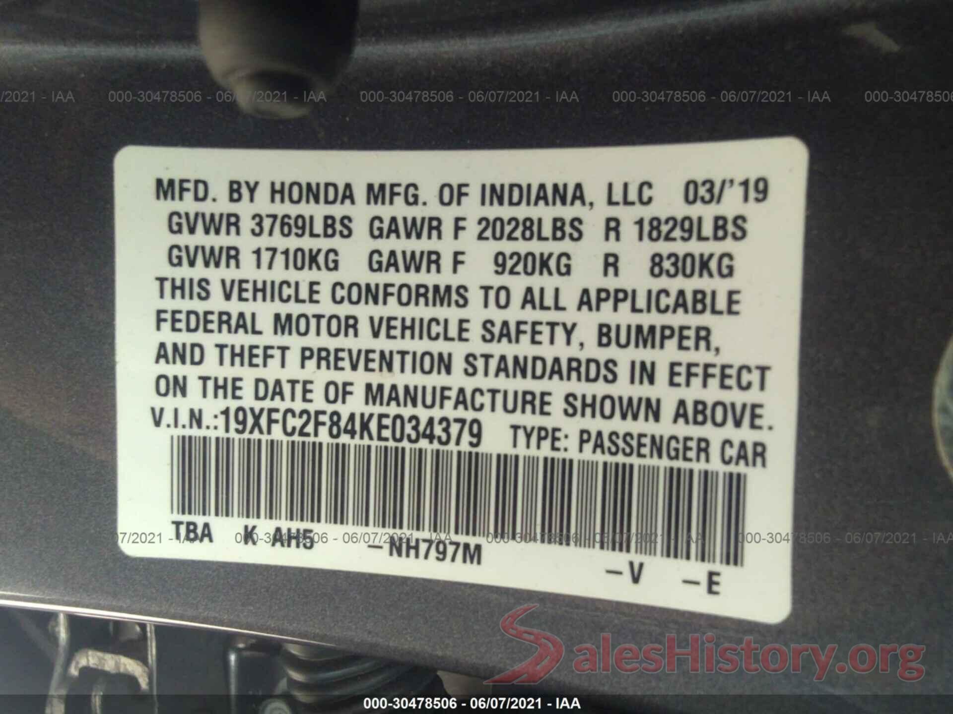 19XFC2F84KE034379 2019 HONDA CIVIC SEDAN