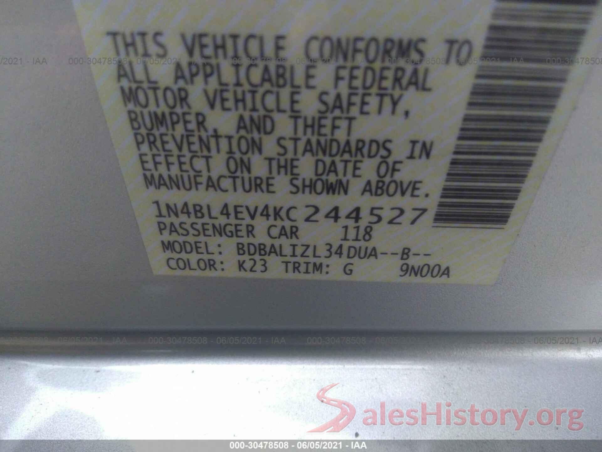 1N4BL4EV4KC244527 2019 NISSAN ALTIMA