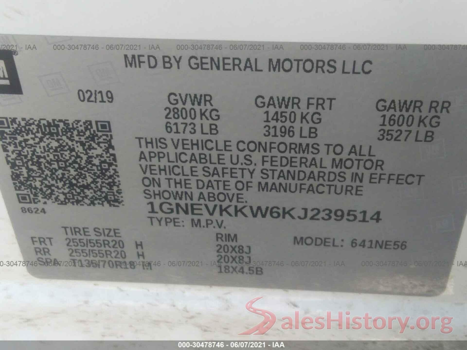 1GNEVKKW6KJ239514 2019 CHEVROLET TRAVERSE