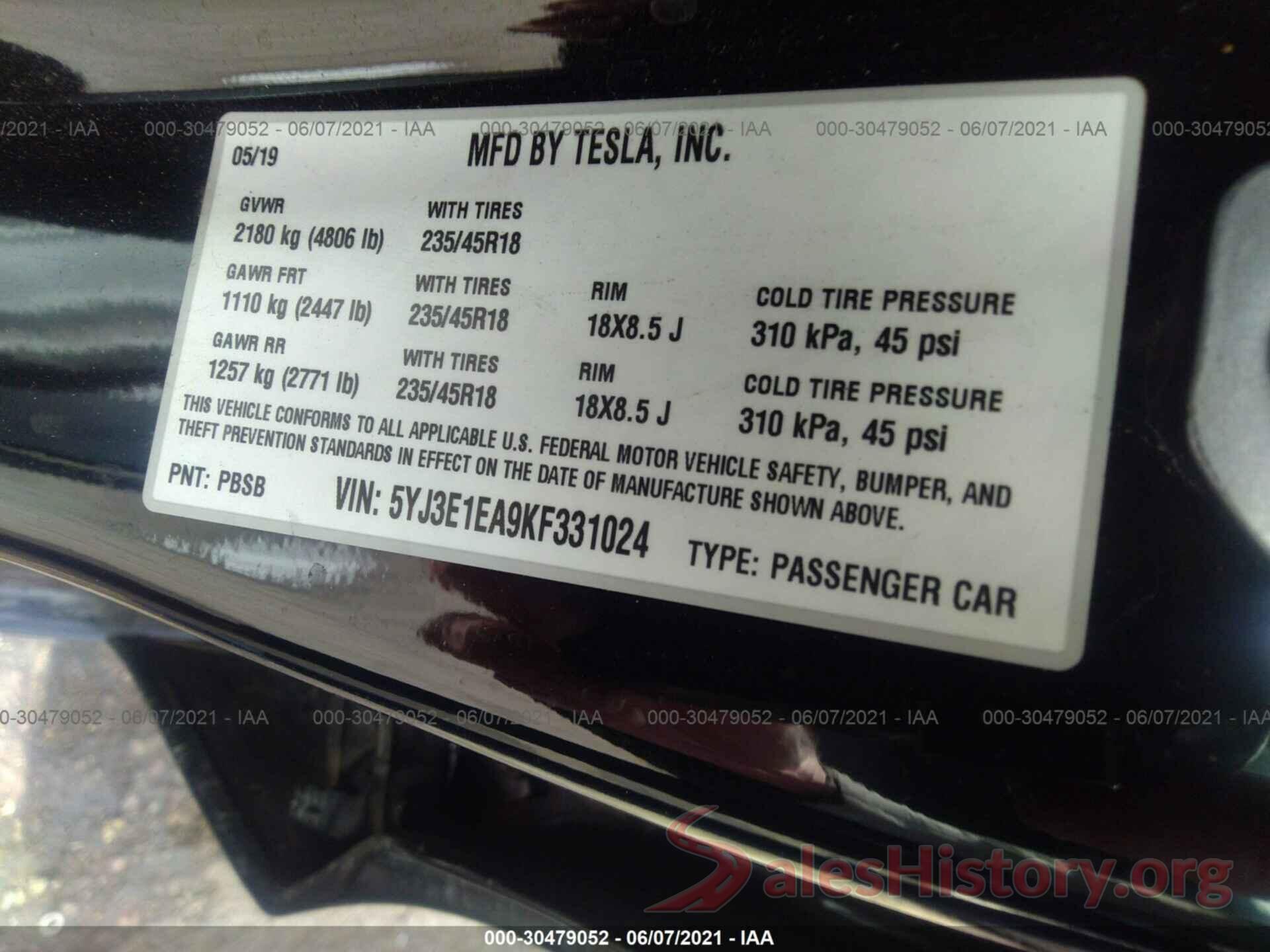 5YJ3E1EA9KF331024 2019 TESLA MODEL 3