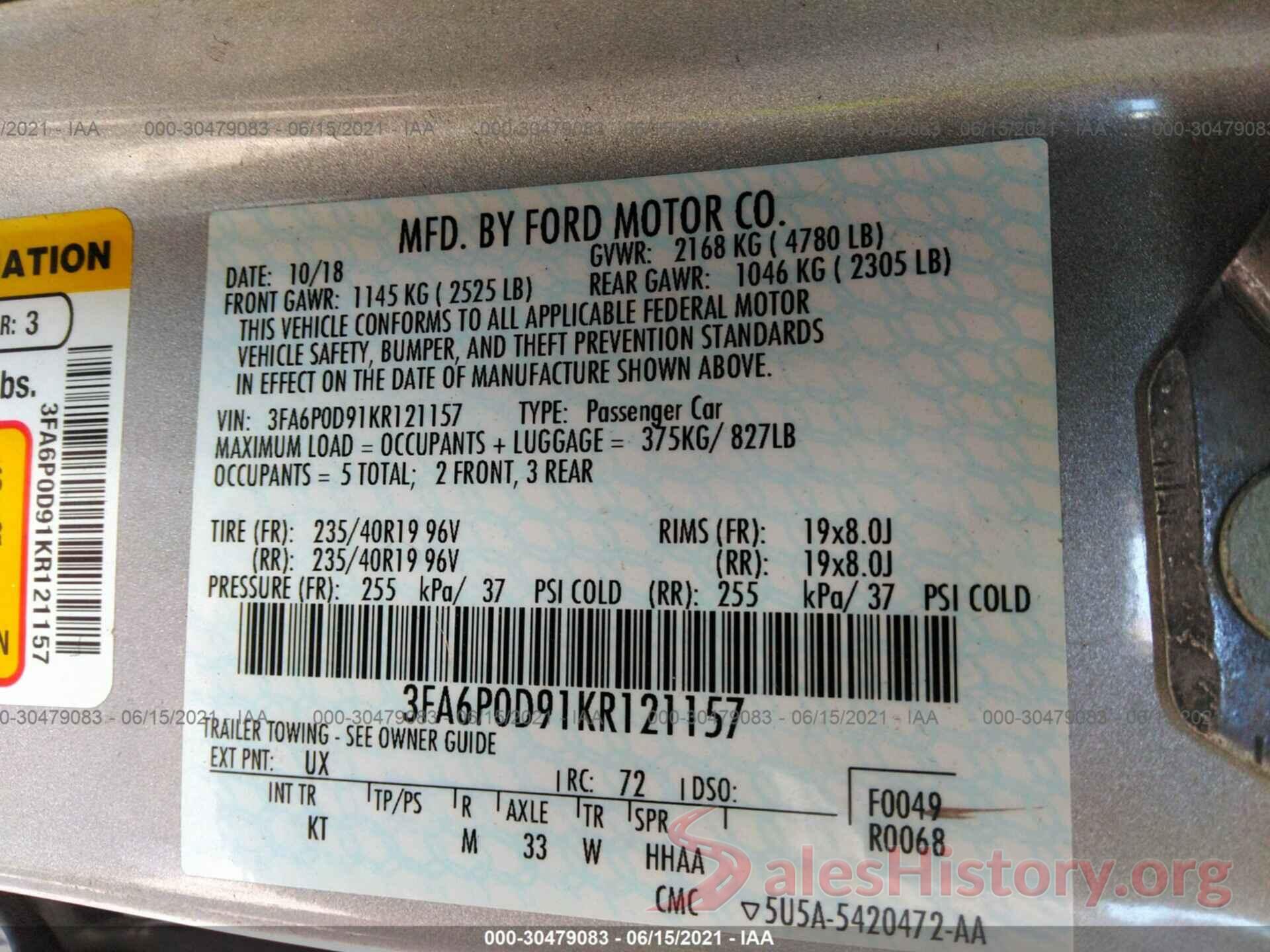 3FA6P0D91KR121157 2019 FORD FUSION