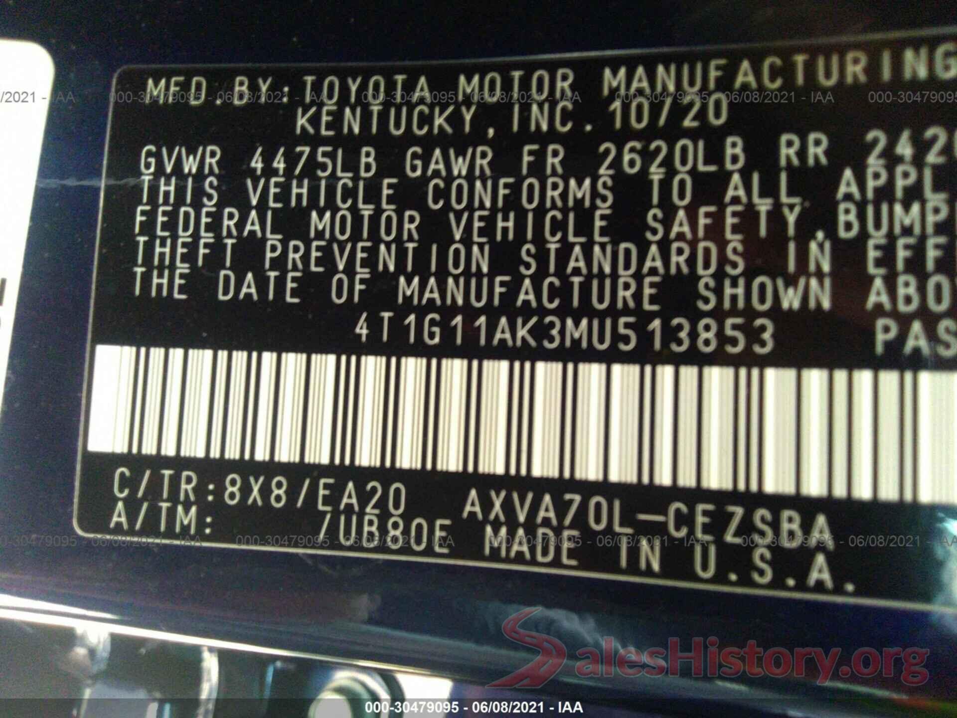 4T1G11AK3MU513853 2021 TOYOTA CAMRY