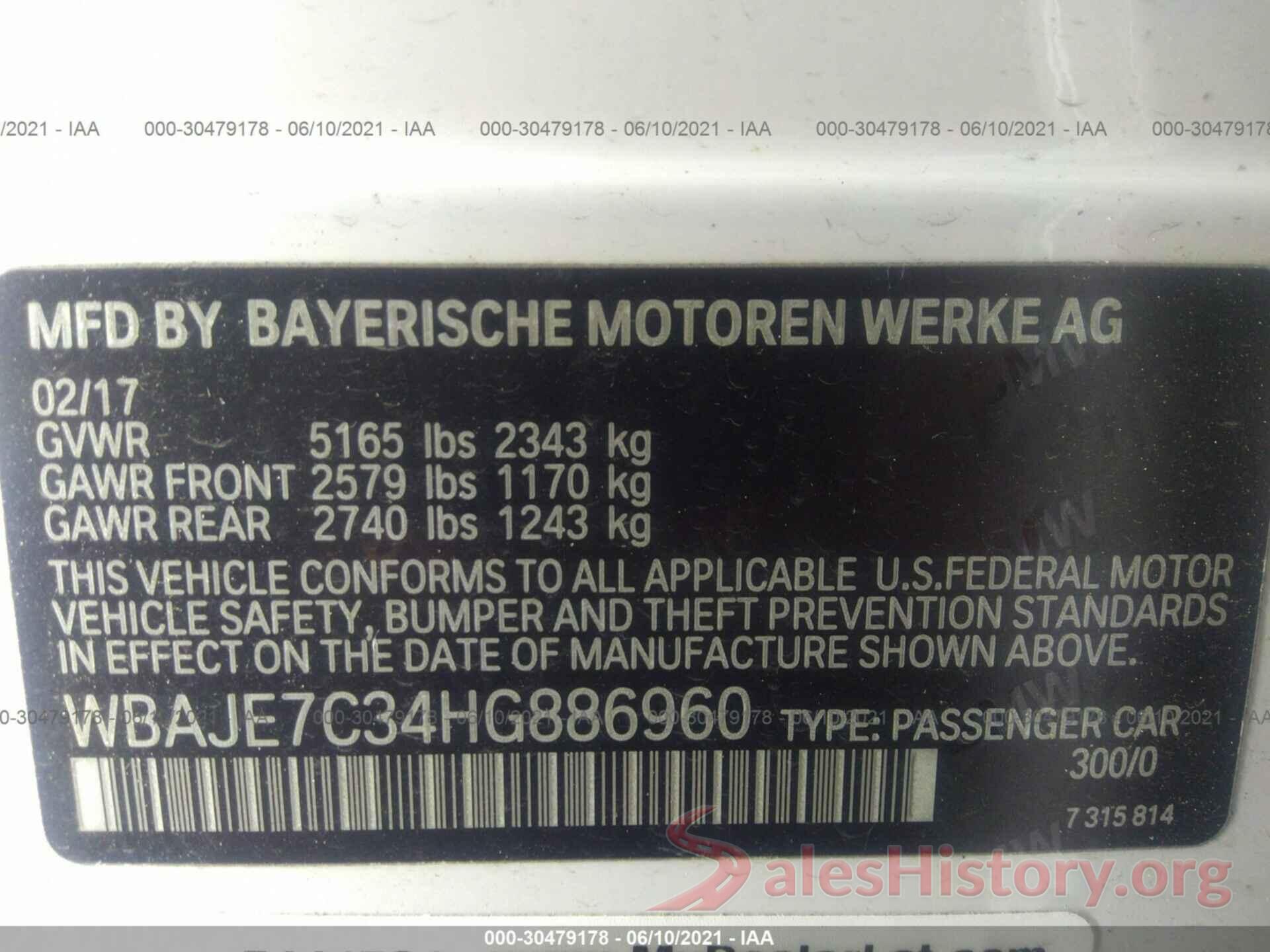 WBAJE7C34HG886960 2017 BMW 5 SERIES