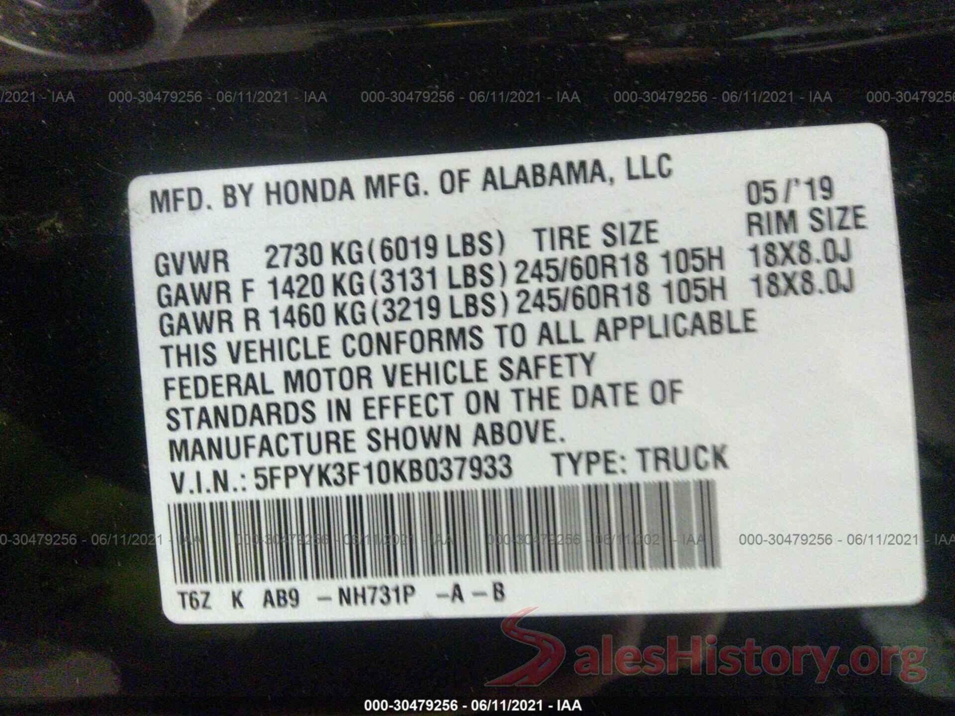 5FPYK3F10KB037933 2019 HONDA RIDGELINE