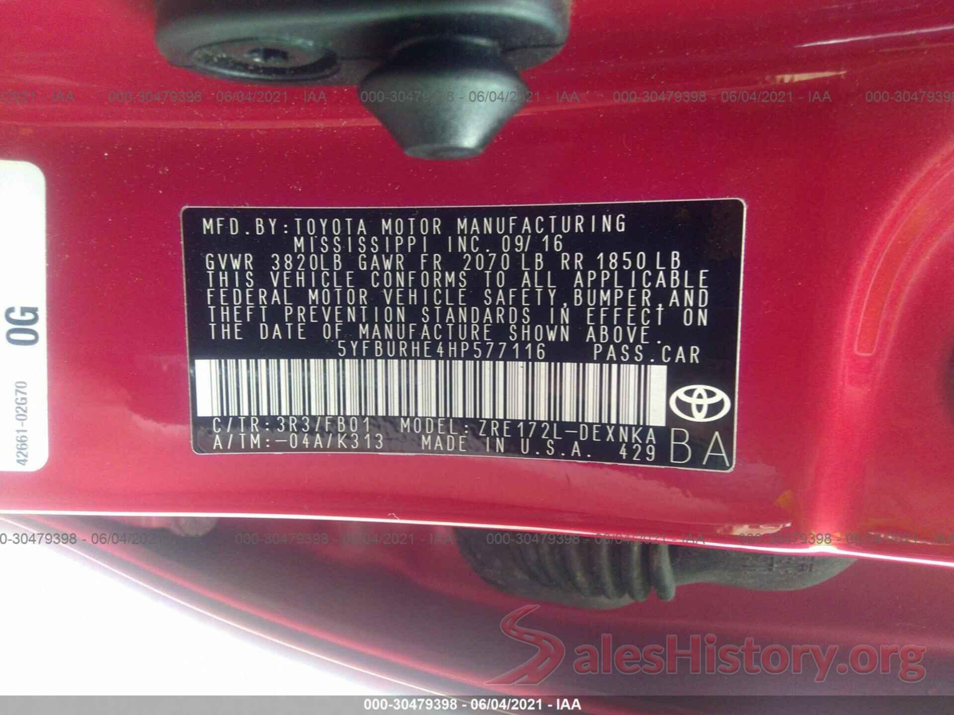 5YFBURHE4HP577116 2017 TOYOTA COROLLA