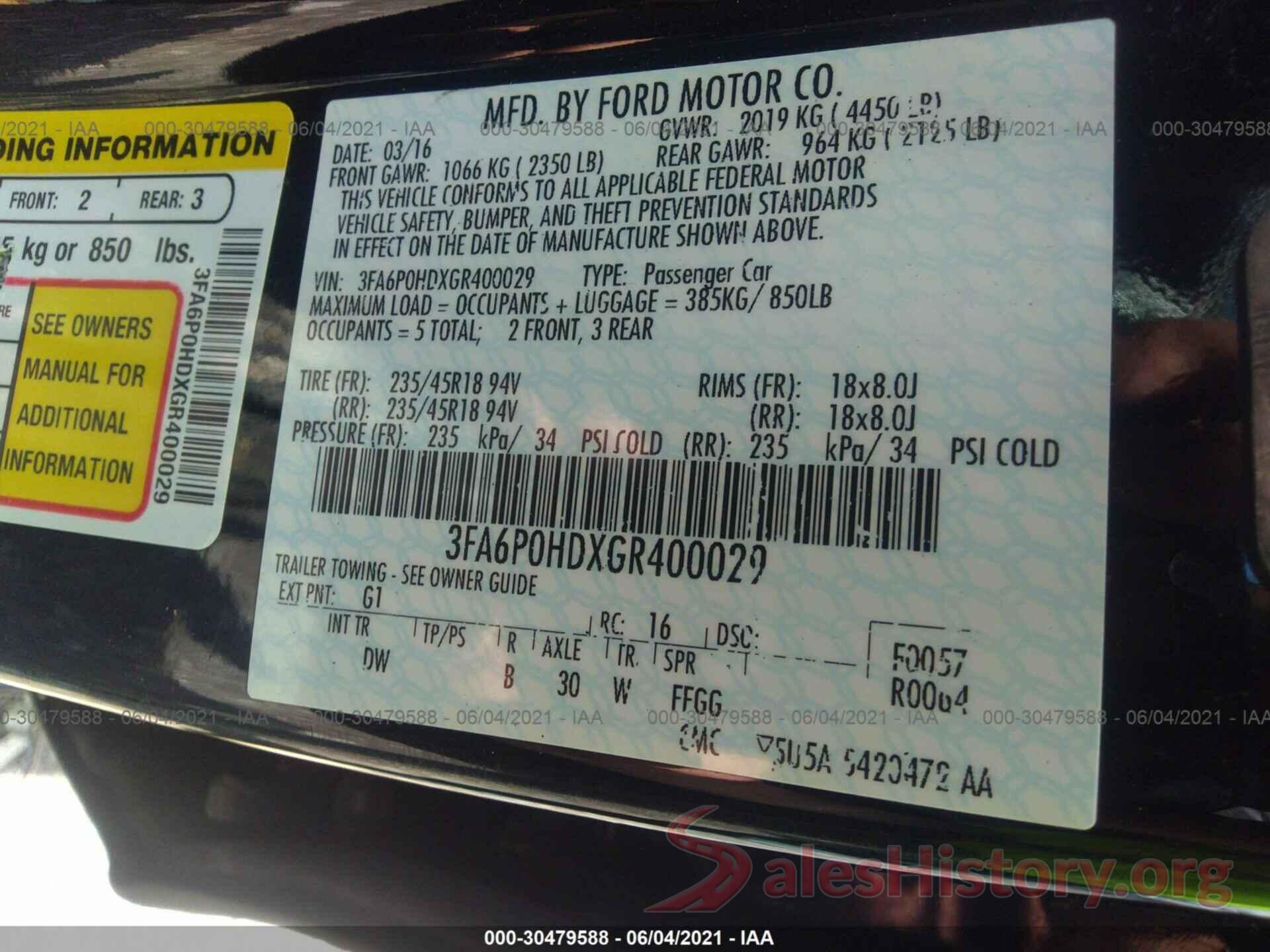 3FA6P0HDXGR400029 2016 FORD FUSION