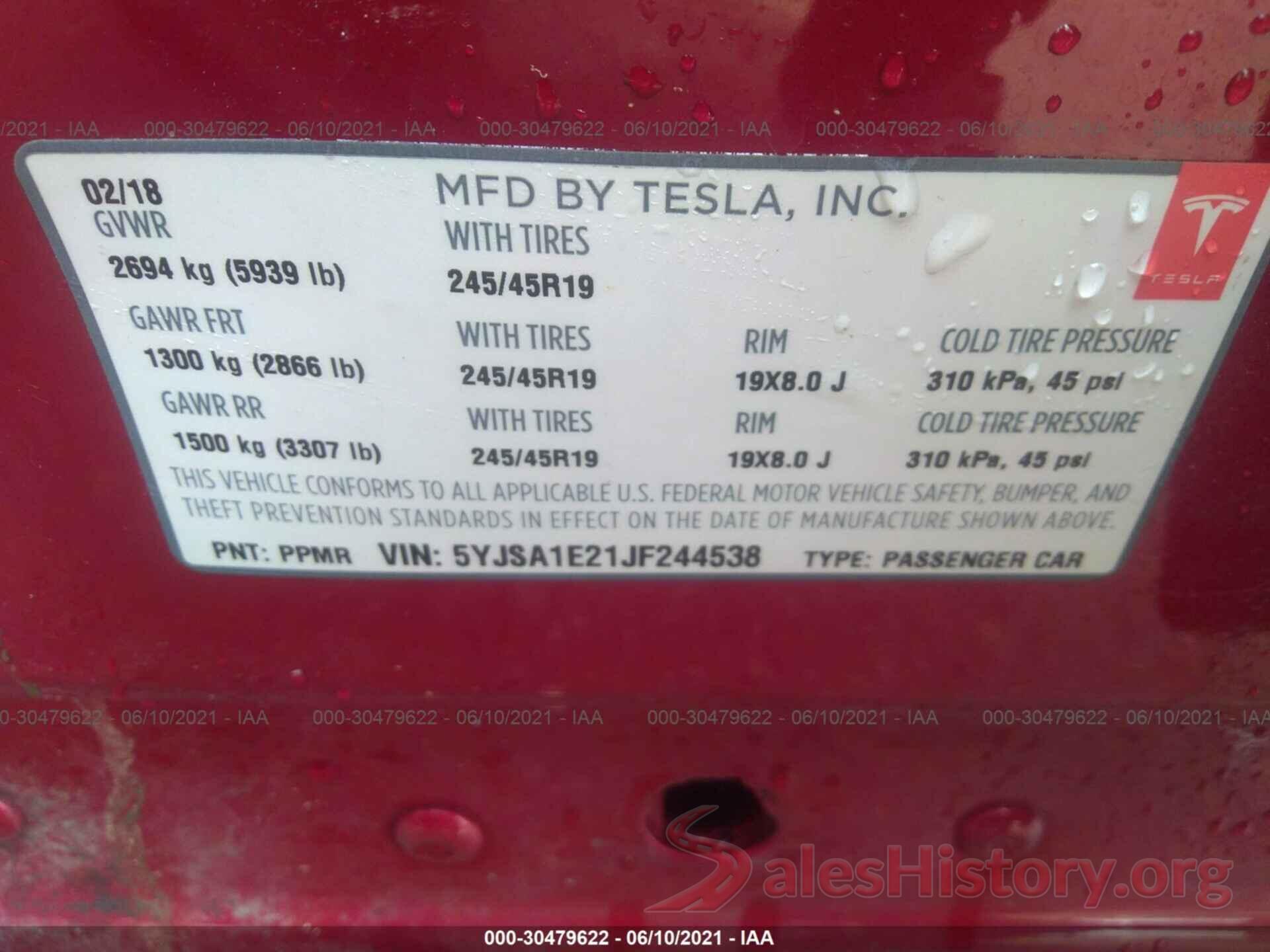 5YJSA1E21JF244538 2018 TESLA MODEL S